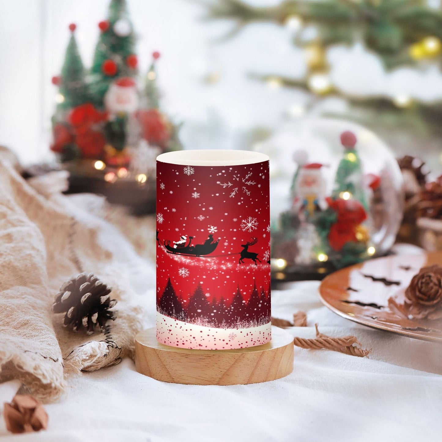 Eionryn Christmas Reindeer Santa Sleigh Red Sky Flameless Candles Battery Operated LED Candles with Remote Timer Electric Candles for Home Party Decor 2pcs