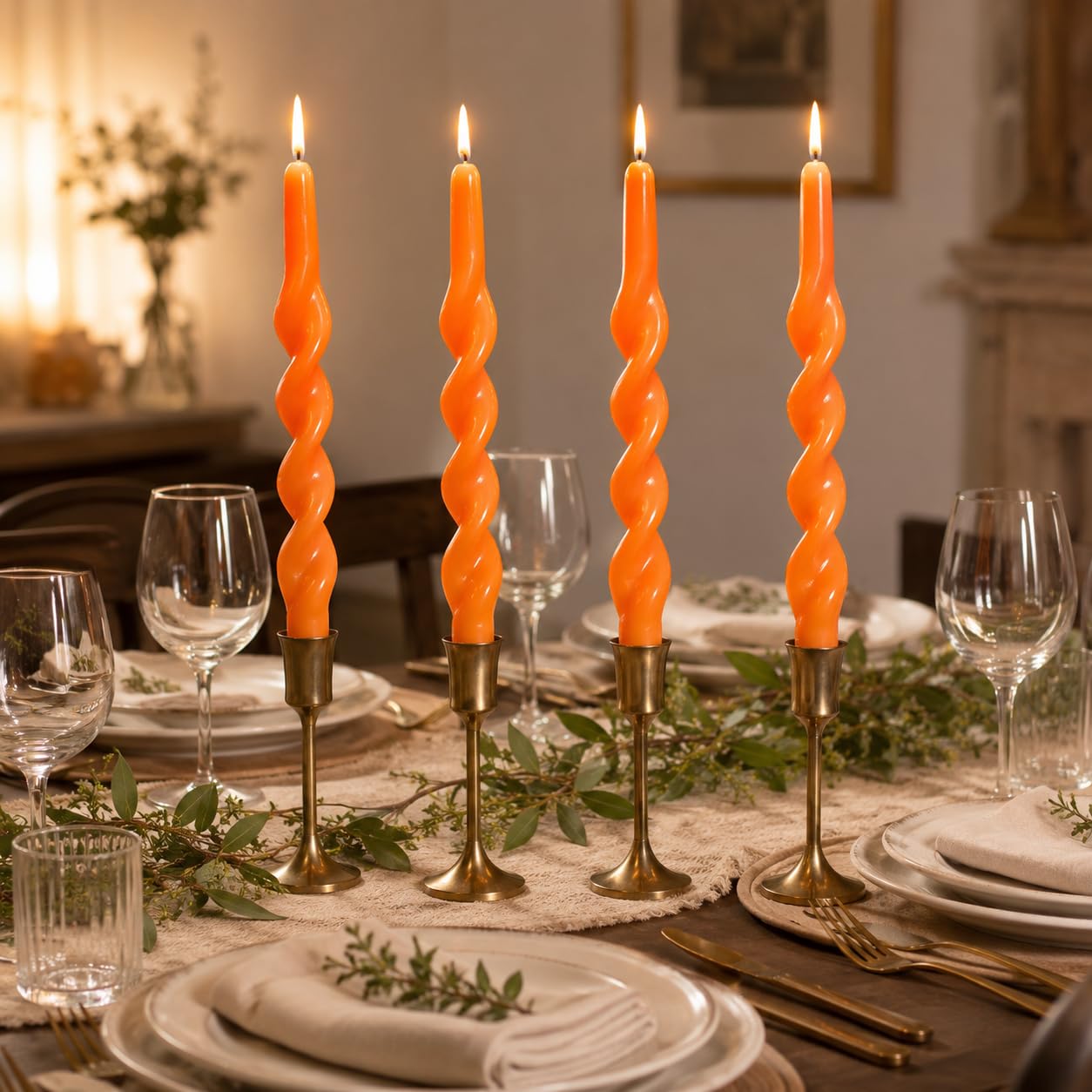 Spiral Taper Candles Set of 4, 10 Inch Orange Handmade Candle Stick, Unscented Tapered Candles, Twisted Candles for Wedding Dinner Table Home Decor Gift