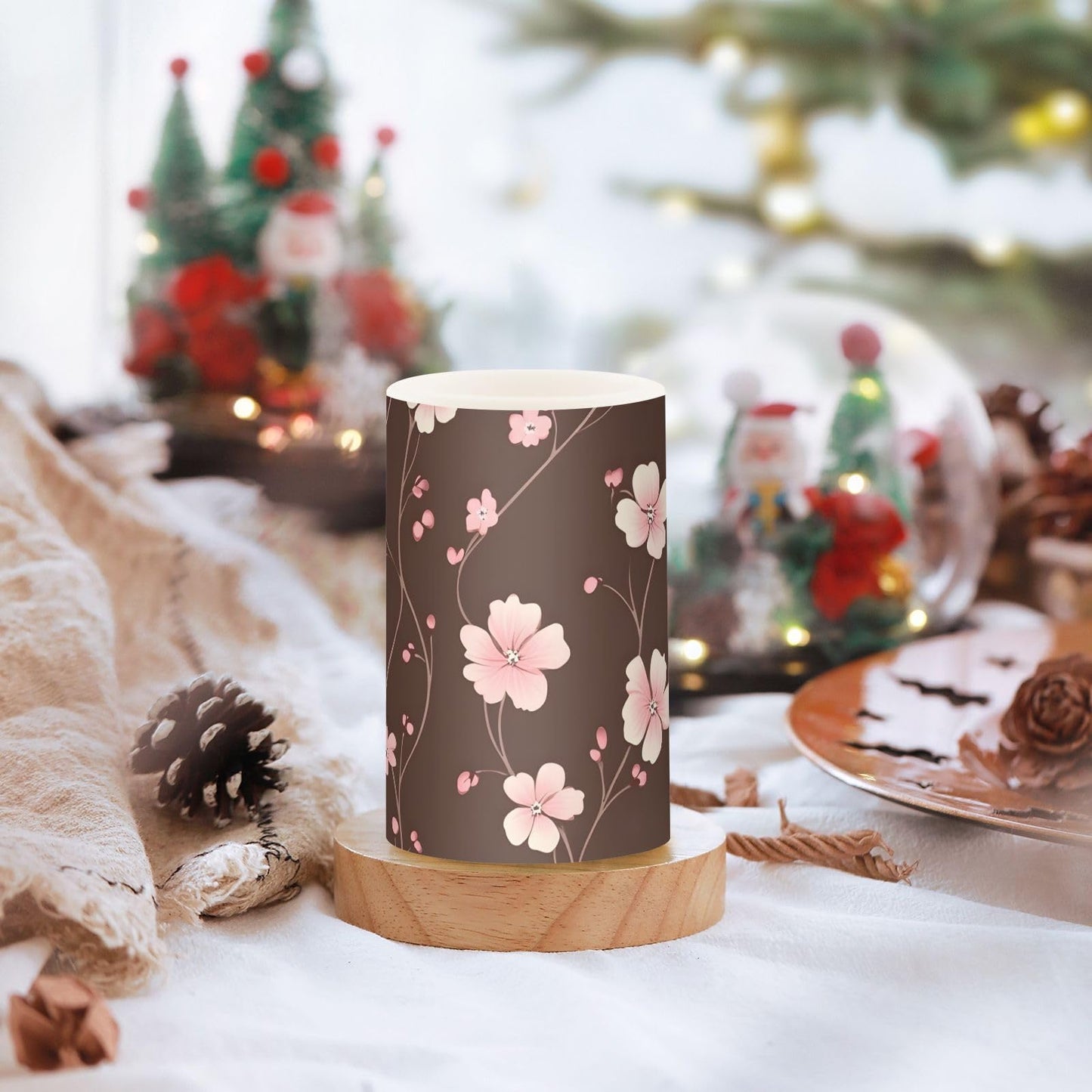 ALAZA Pink Cherry Blossom Flower Pattern Flameless Candles Flickering LED Candles with Remote Timer Battery Operated Pillar Candles Set of 2 for Dinner Holiday Decor