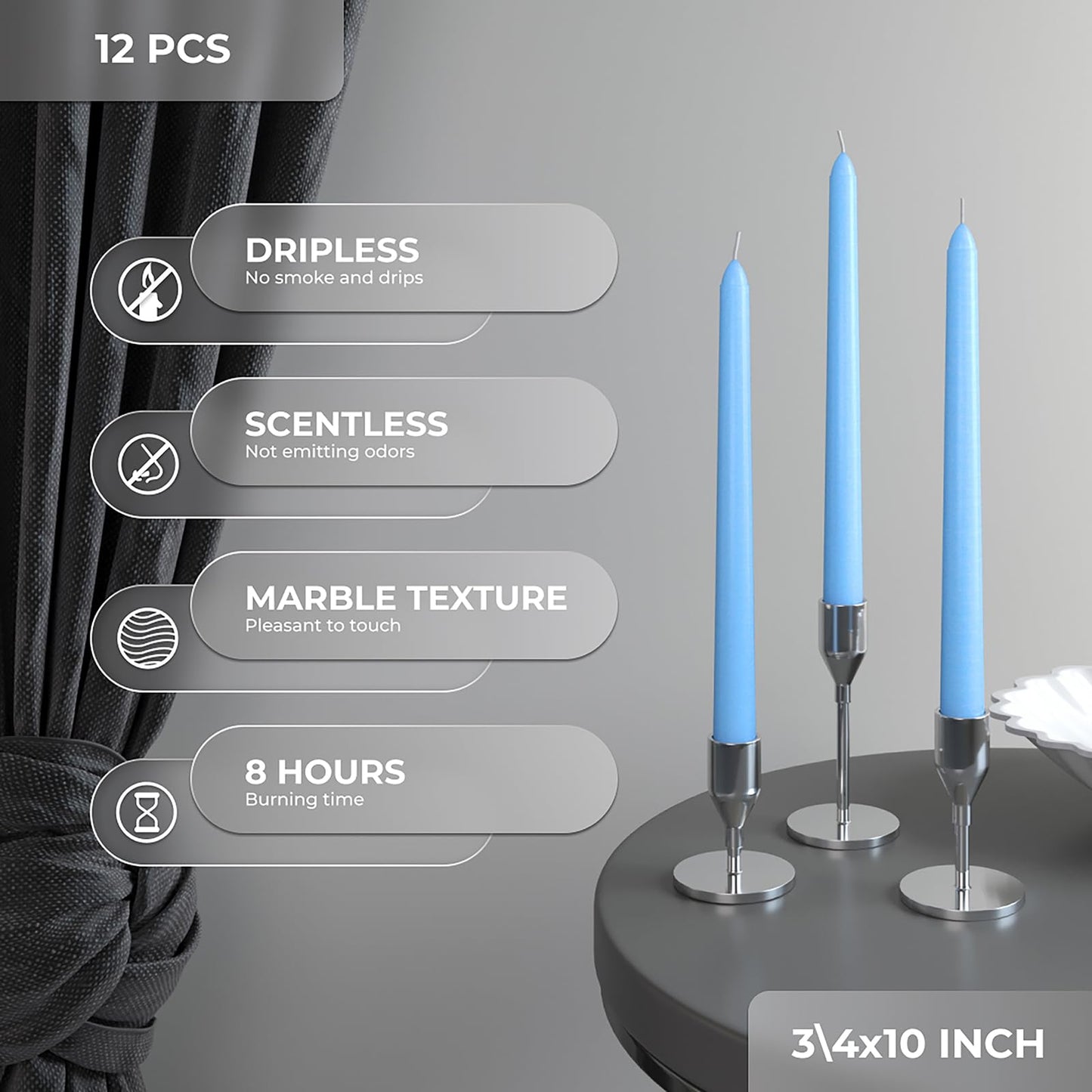 CANDWAX Light Blue 10 inch Taper Candles Set of 12 - Unscented Smokeless Dripless Tall Candlesticks - Perfect for Special Occasions, Ordinary Dinners and as Easter Candles - Light Blue Candle Sticks