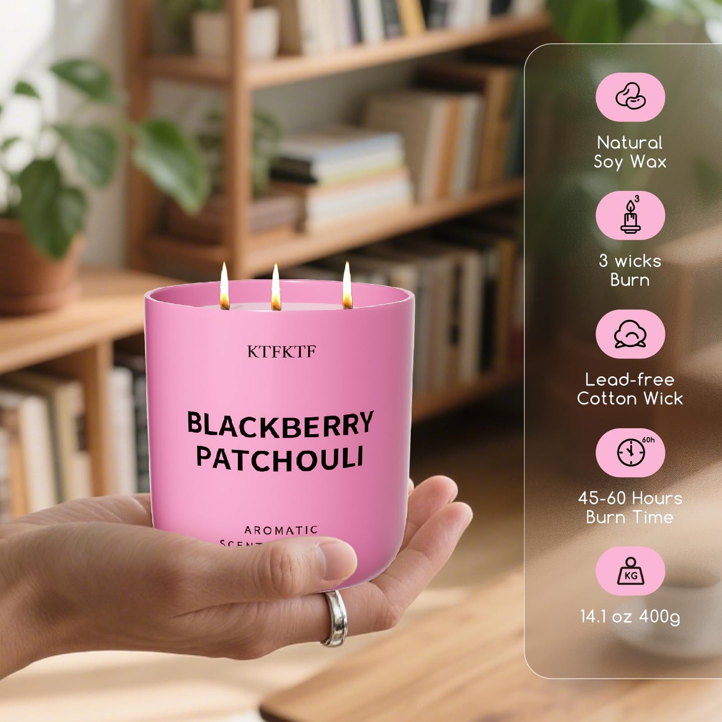 KTFKTF BlackBerry Patchouli Scented Candle for Home, 14.1oz 80 Hour Long Lasting Aromatherapy Candles for Focus & Balance, Non-Toxic Essential Oil & Soy Wax | Fruity-Spicy Earthy Fragrance