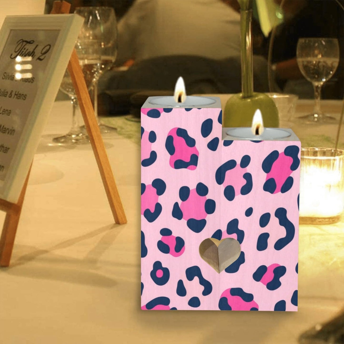 pnyoin Animal Skin Pink Black Candle Holders Gift for Women Wooden Heart Candlestick Personalized Christmas Birthday Graduation Friendship Gifts Home Wedding Dinning Party Decorative