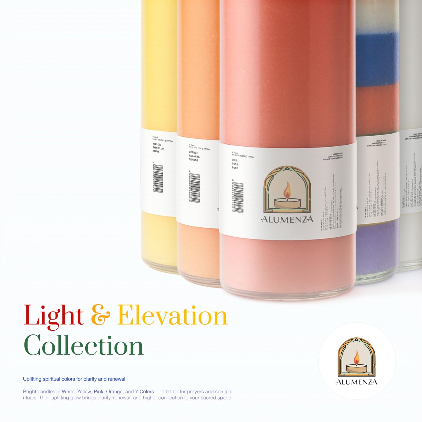 Alumenza 3 Pack 7 Color 7 Day Candles in Glass Jar – Paraffin Wax, Clean Burning Unscented | Large & Tall Devotional Prayer Pillar Candles for Home, Memorial, Spells, Long Lasting