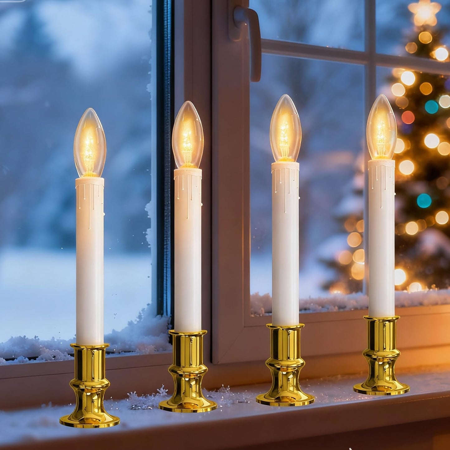 Romasaty 4 Pack Christmas Window Candle Lamps, Battery Operated Window Candle Lights with Automatic Timer and C26 3V LED Bulbs Candlestick for Indoor Windows Table Decor, 4 Suction Cups