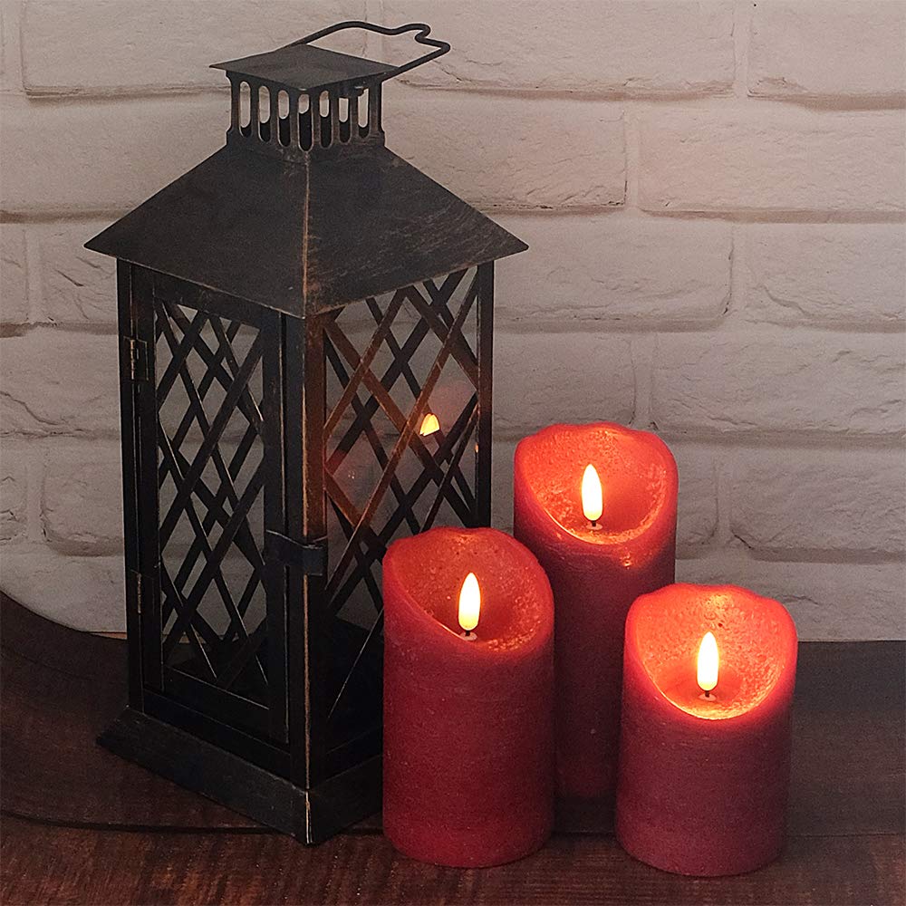 Eldnacele Red Wax Flameless Flickering Candles with 6H Timer, 3D Wick Realistic Battery Operated Pillar LED Candles Set of 3 for Easter Home Wedding Party Christmas Decoration (D3” x H4”5”6”)