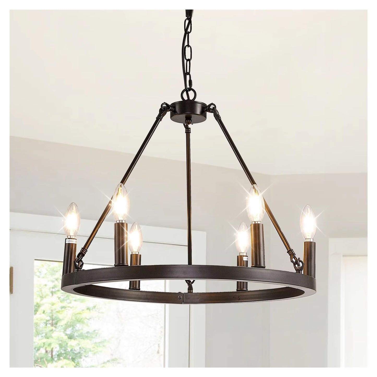 6 Light Black Carriage Wheel Pendant Light 20.65 Inch Candle Pendant Light,Comfortable Lighting