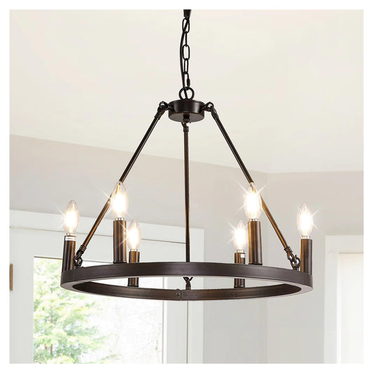 6 Light Black Carriage Wheel Pendant Light 20.65 Inch Candle Pendant Light,Comfortable Lighting
