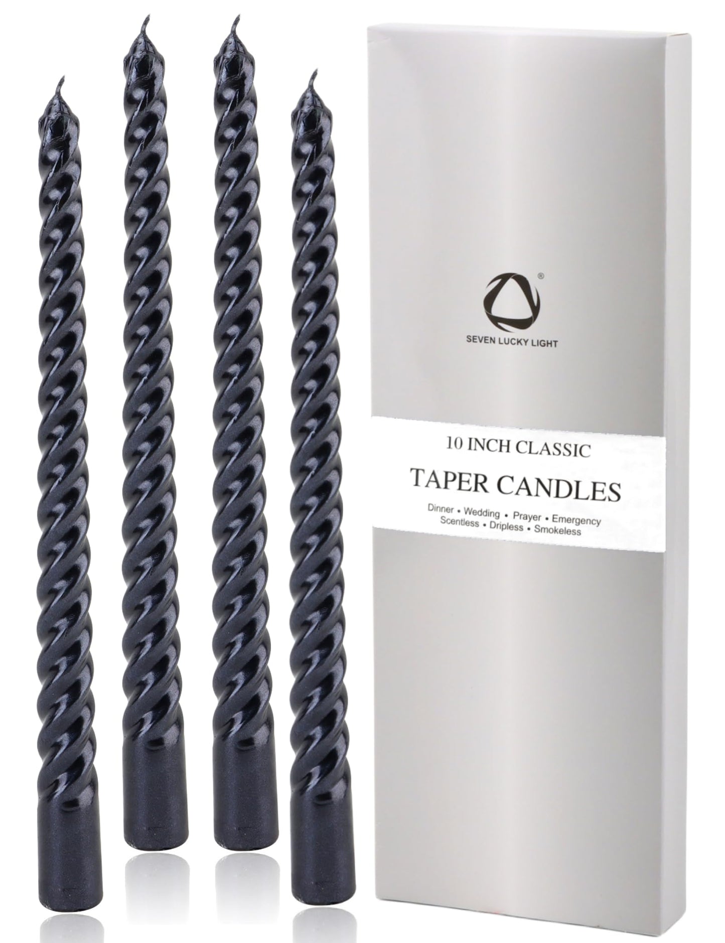 SEVEN LUCKY LIGHT 10 Inch Spiral Black Taper Candles Set of 4, Metallic Finish Dripless Candlesticks, 8+ hrs Smokeless Clean Burning for Halloween, Home, Dinner, Wedding & Church Decor