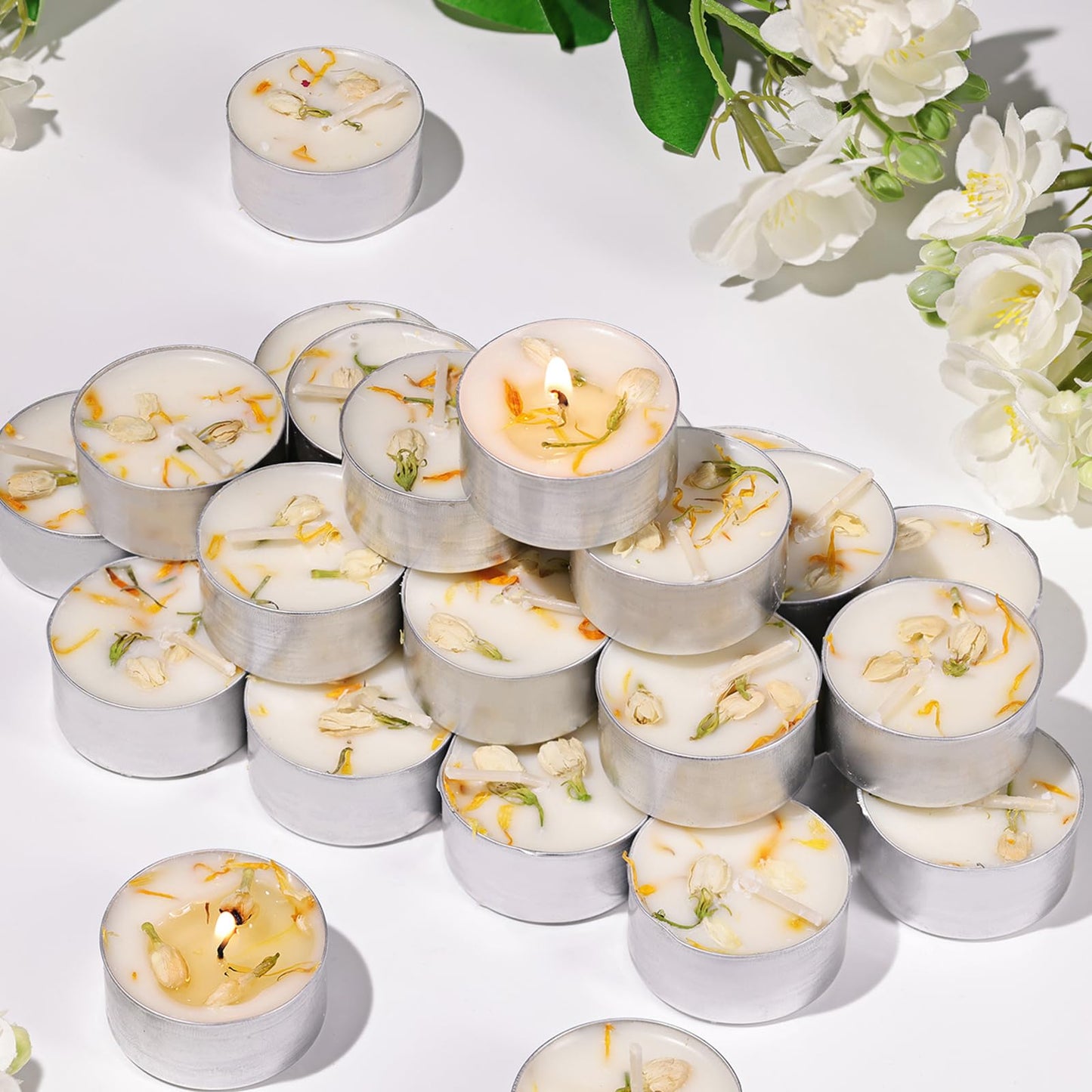8 Pcs Jasmine Scented Tealight Candles, 6H Long Burning - 100% Palm Wax Based Scented Tea Lights with Dried Flowers, Non-Toxic/Smokeless Tea Lights Candles for Spa, Bath, Wedding