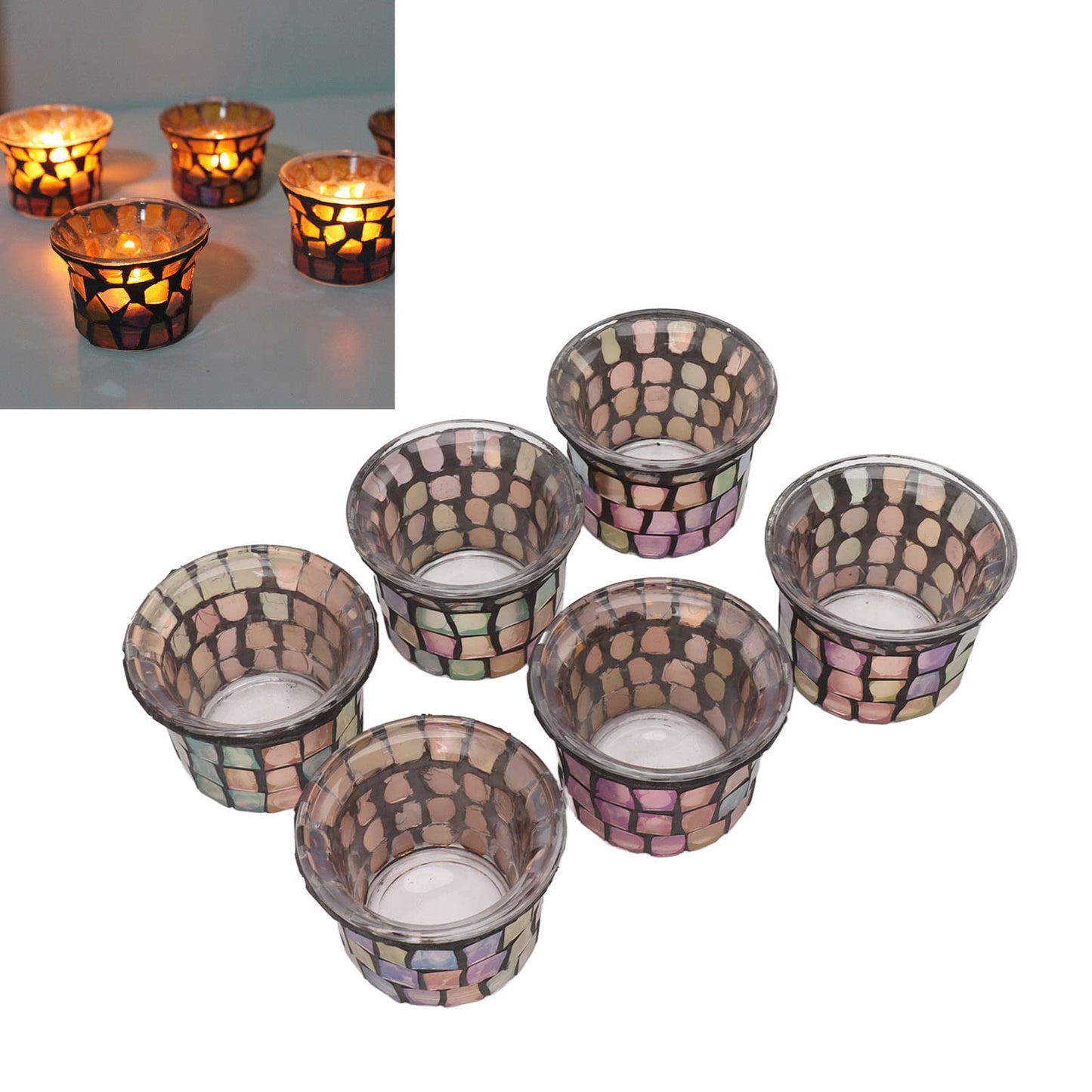 Jeanoko Mosaic Tealight Holder Set of 6 Solid Glass Candle Holder Cups for Wedding Table Centerpiece Meditation Decor Brown for Tealights Prayer Candles and Mini Planters