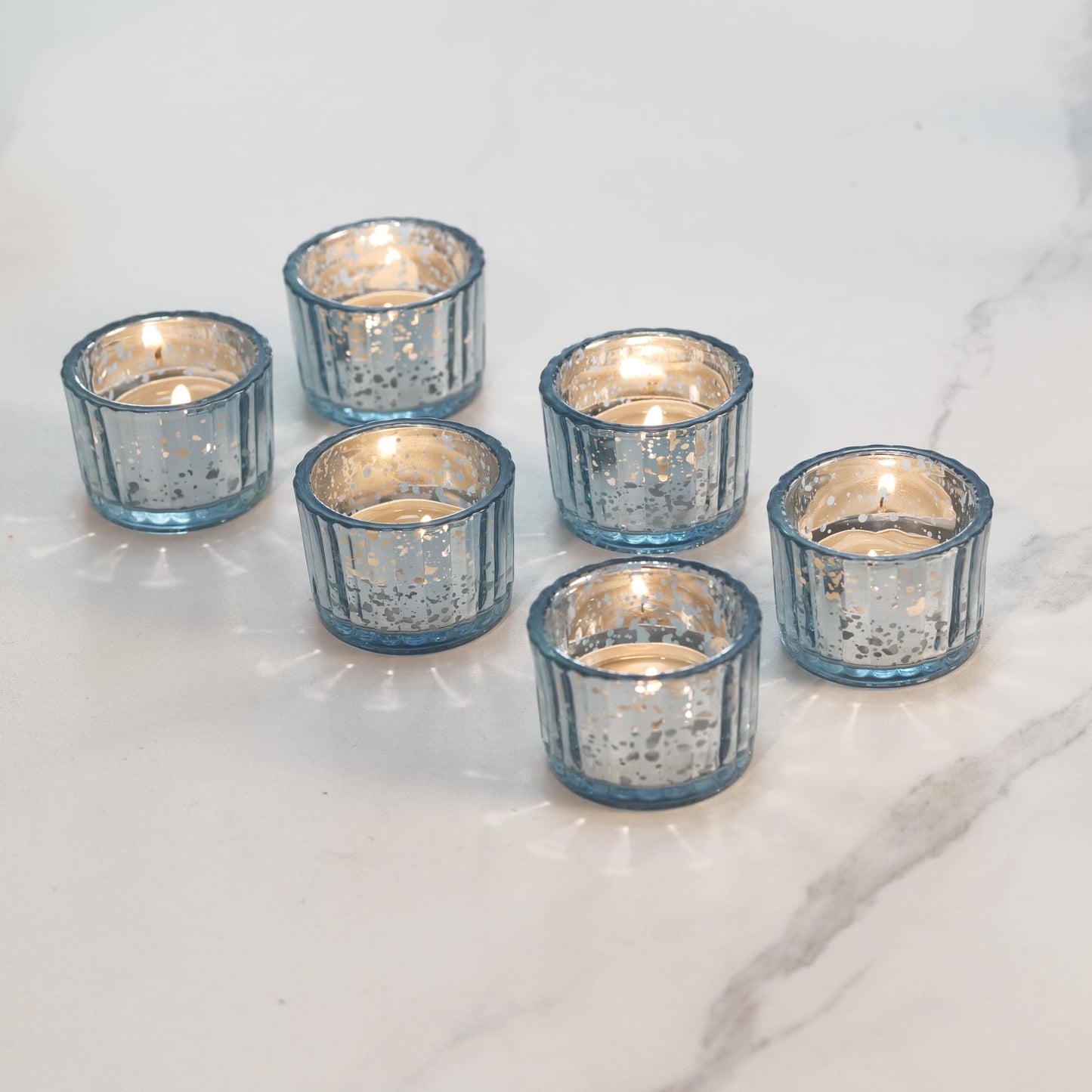 Round Clear Votive Candle Holders Set of 12, Purple Wedding Centerpiece Table Decorations, Mercury Glass Tealight Candle Holder for Bridal Shower, Baby Shower & Home Decor (Blue)
