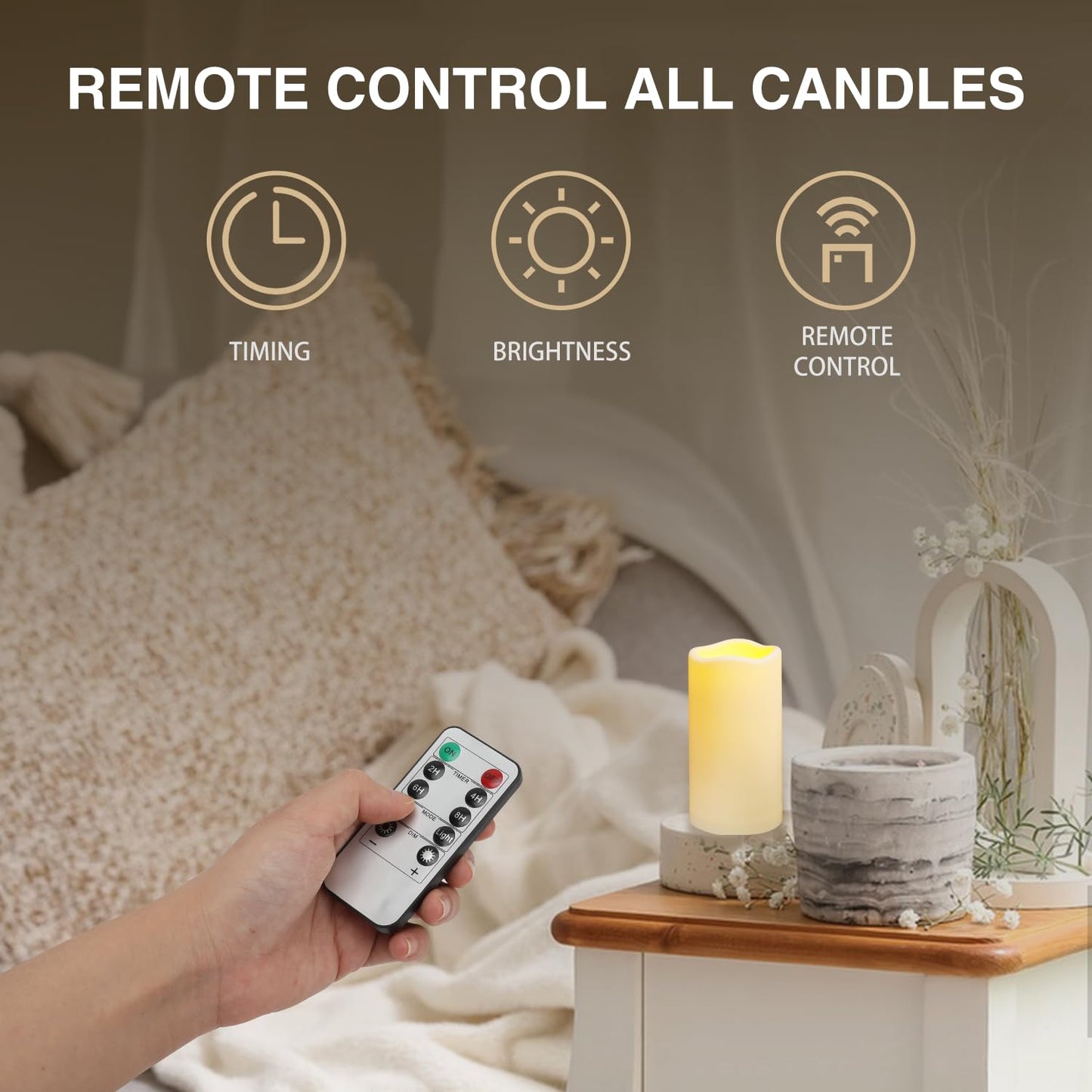 Biyanuo 12PACK Outdoor Plastic flameless Candles with Remote Control and Timer, LED Flickering Battery Operated Electric Pillar Candles (D3 xH5.5) for Camping, Weddings, Home Decoration