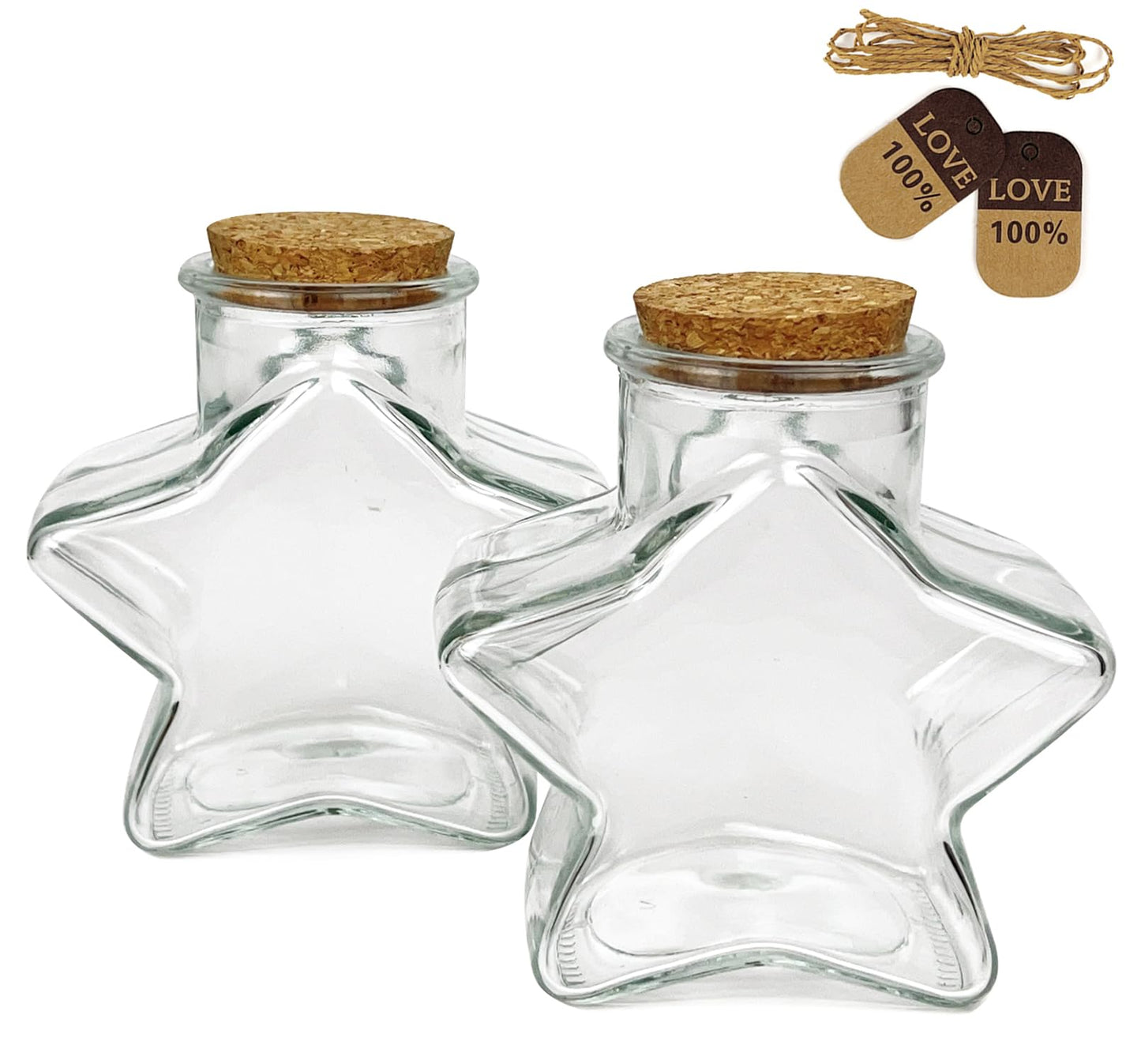 2 Pcs Starry Decorative Glass Bottles with Cork Stoppers,300ml(10 oz),Star-shaped glass vessel Design for Wedding,Party Favors,Home Decor-Includes Blessing Note & Jute Twine(Star)