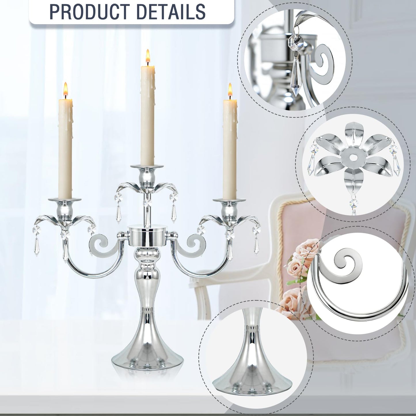 KEHAIL Metal 3 Arm Candelabra with Crystal Pendants - 11.8 Inch Tall Candle Holders, Set of 2 - Elegant Taper Candlestick Stand for Wedding, Dining Table, Christmas Party Home Decoration (2, Silver)