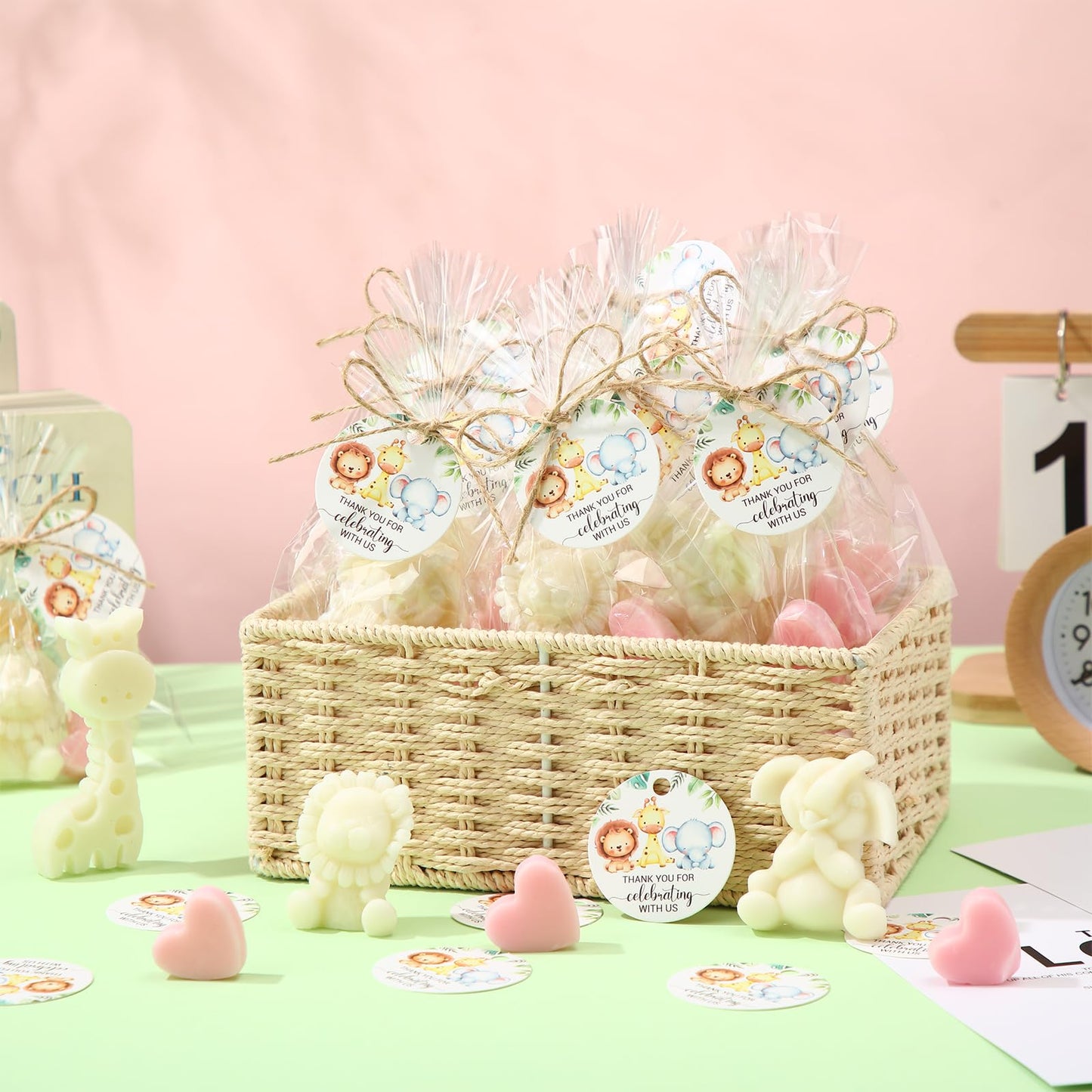 Demissle 20 Sets Safari Animal Baby Shower Soaps Favors for Guests Jungle Greeting Card Bath Gift for Birthday (Pink)