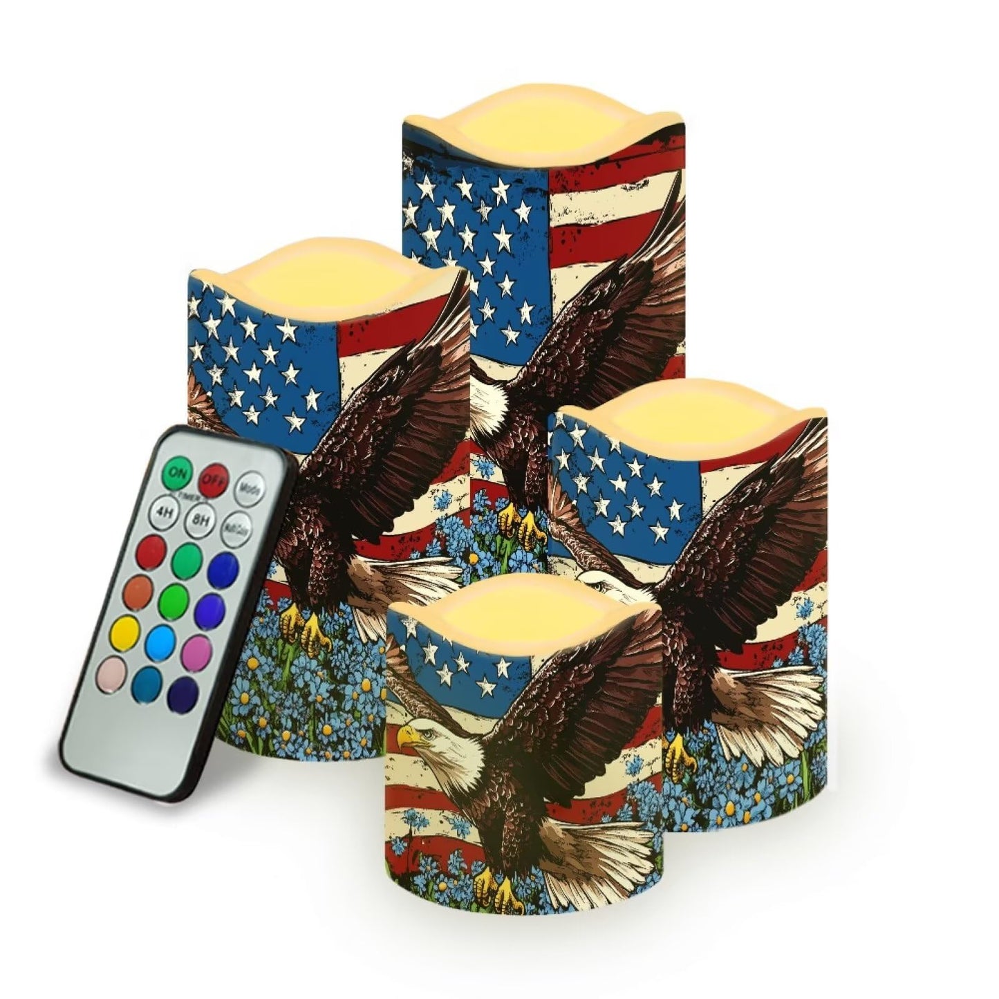 Uorisanigo USA Eagle Flag Floral Plastic Flameless Candles with Remote Control and Timer LED Flickering Battery Electric Pillar Candles for Table Patriotic Decoration