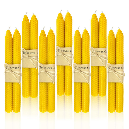 14 Pack Beeswax Taper Candles, Handrolled Bees Wax Candle for Home, Dripless & Unscented Candle Sticks, 9" Tall, Natural Yellow Beeswax Candles by Kissingfish