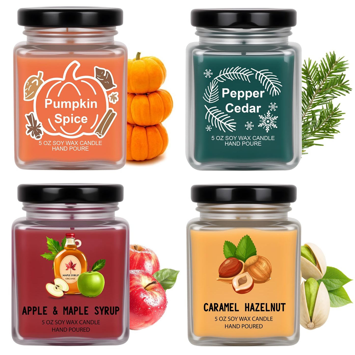 Scented Candles 4 Pack Soy Candles Set for Women Gift | Holiday Gift for Home Decor, Holiday Candle Home Decor - Pumpkin Spice, Apple Maple Syrup, Caramel Hazelnut, Pepper Cedar