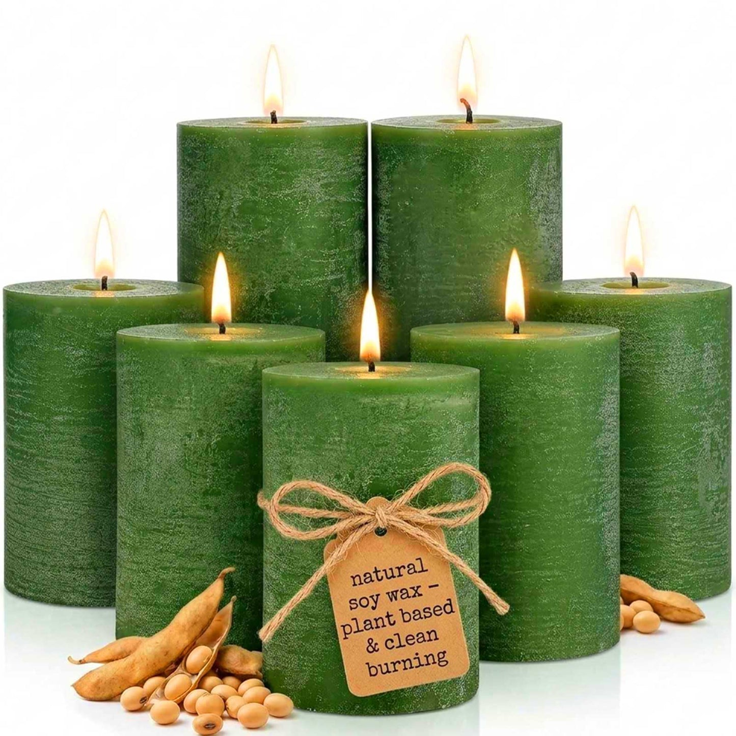 6 Pack Moss Green Soy Pillar Candles, 2.8x4in - 330H Total Burn Time - Rustic Textured Natural Wax - Non-Toxic, Dripless & Smokeless Hand-Poured Candles for Spring Home Decor, Dinner Table, Wedding