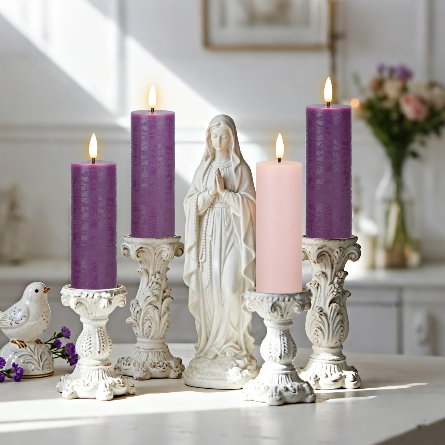 AFINETH Flameless Advent Candles Set of 4, Real Wax Advent Pillar Candles Battery Operated 9.6", Purple and Pink Christmas LED Candle for Wreath, Christ, Home, Church, Catholic Decoration
