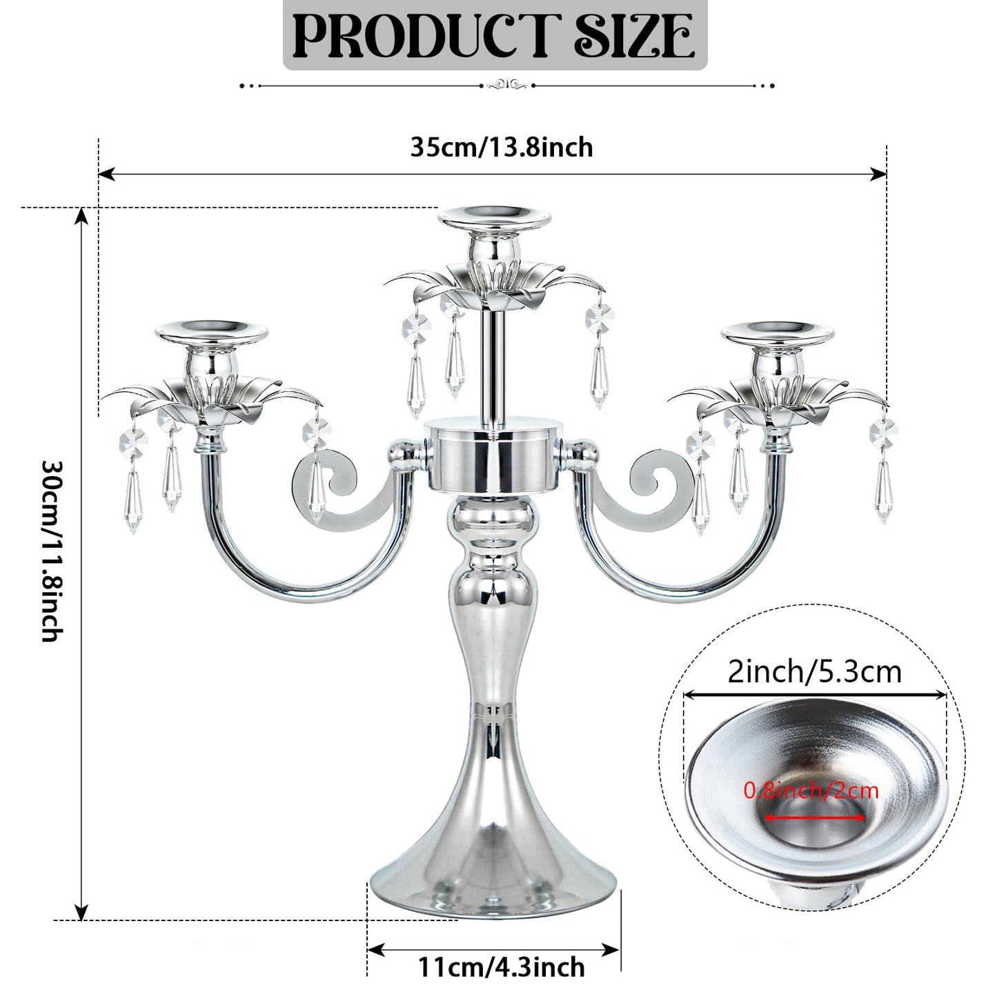 KEHAIL Metal 3 Arm Taper Candlestick Stand with Crystal Pendants - 11.8 Inch Tall Candle Holders, Elegant Centerpieces Candelabra for Wedding, Dining Table, Christmas Party (6Pcs, Silver)