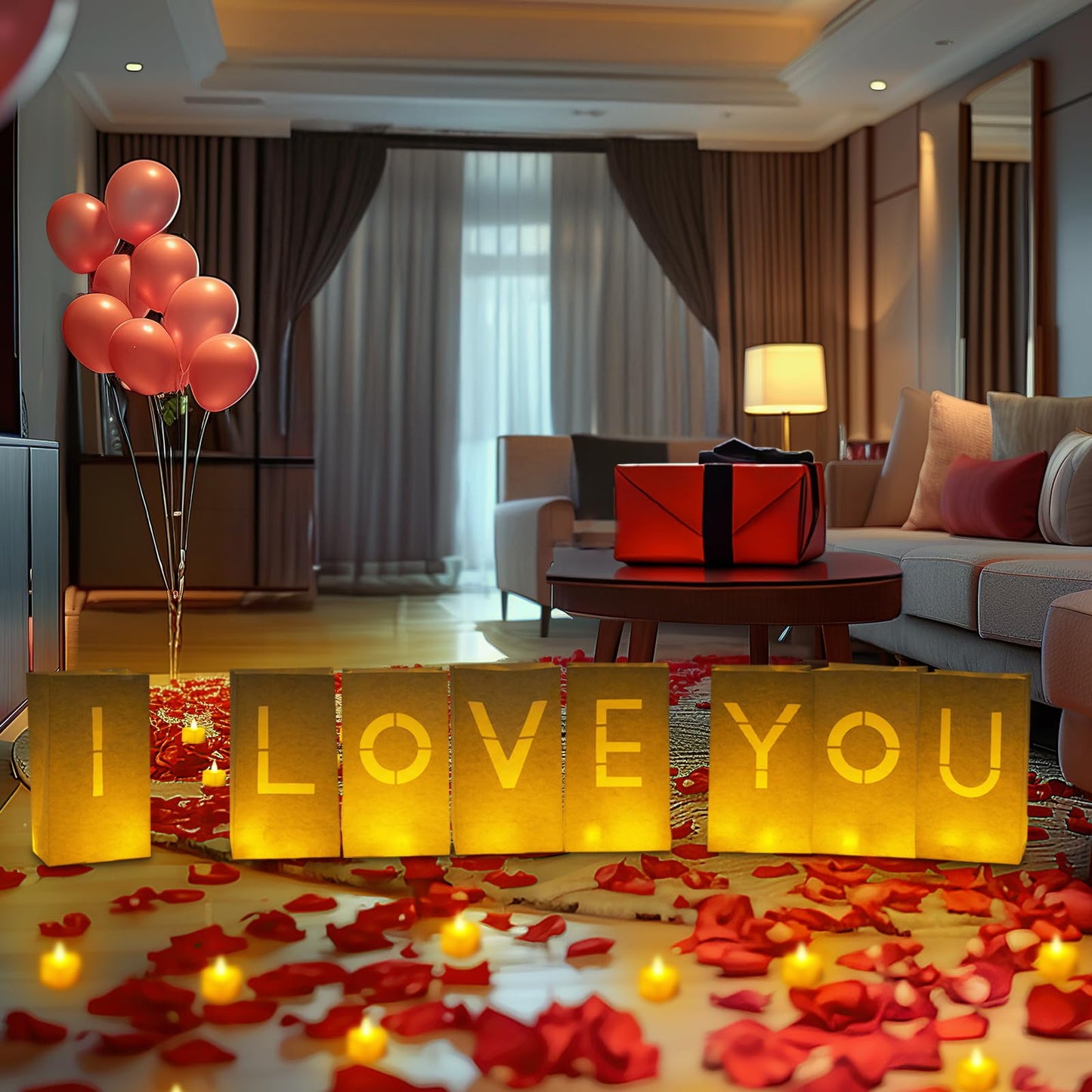 Homemory I Love You Light Up Letters Proposal Decorations with Flameless Candles and 2000 Fake Rose Petals, Valentine's Day Luminary Bags Romantic Decorations Special Night for Wedding Anniversary