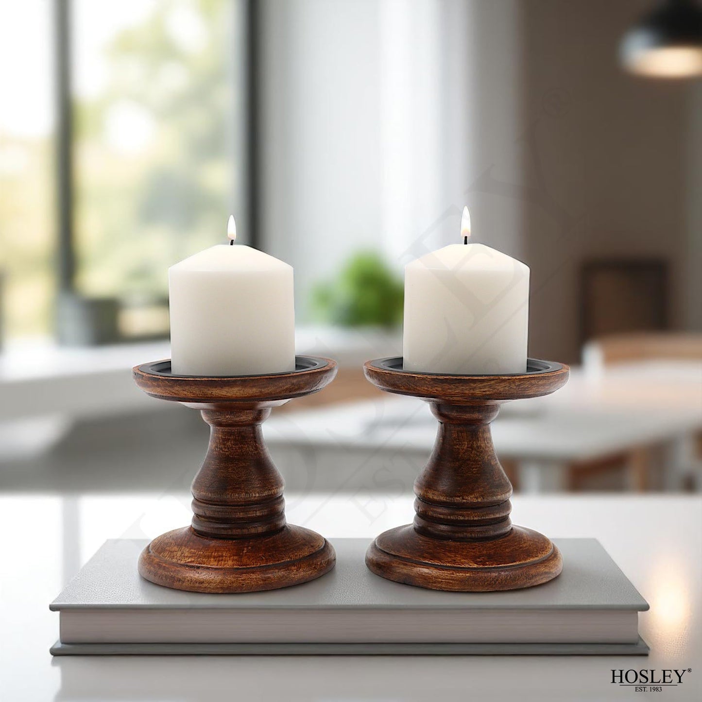 Hosley Set of 2 Brown Wood Pillar Candle Holders 5 Inch High Ideal Gift for Weddings Bridal Party Spa Reiki Meditation Votive LED Pillar Candle Gardens