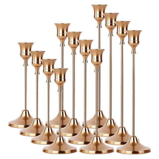 4 Sets(12 Pcs) French Gold Tapered Candle Holder,Candlestick Tall Metal Candlestick Holders for Table Centerpiece Home Decor for Wedding Fireplace Mantel Housewarming Gift Fits 3/4 Inch Thick Candles