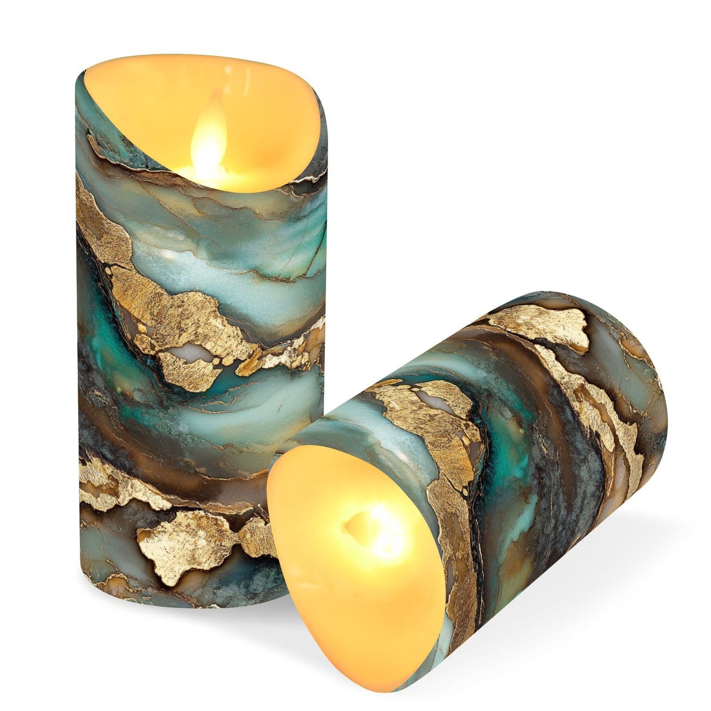 famyily Christmas Tabletop LED Candles Set of 2 Long Lasting Battery Operated Candles for Wedding Table Centerpieces 3.9x3in - Marble Brown Turquoise