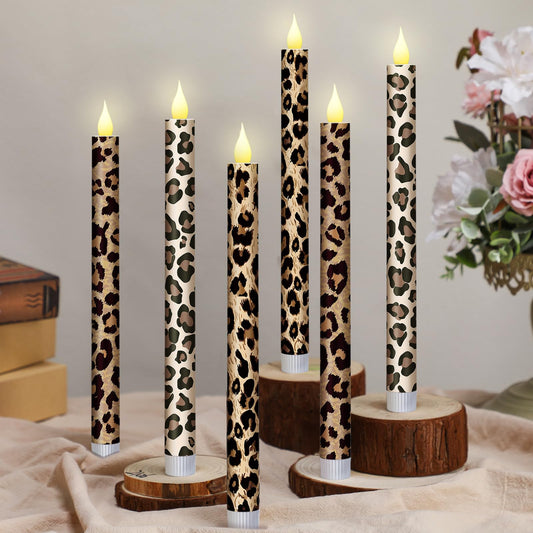 Honoson 6 Pcs Leopard Flameless Taper Candles 10.6 Inch Wild Safari Cheetah Print Candles Battery Operated LED Candlesticks for Animal Theme Jungle Birthday Party Summer Table Home Bathroom Decor