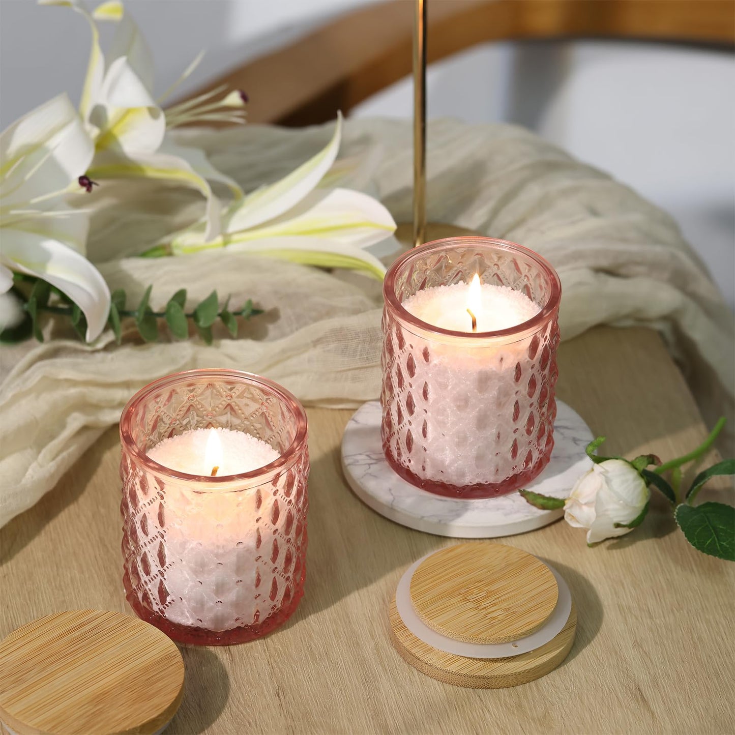 NITIME 15pcs 7.5oz Pink Candle Jars for Making Candles, Glass Candle Vessels with Bamboo Lids and Sticky Labels, Containers for Candle Making Supplies