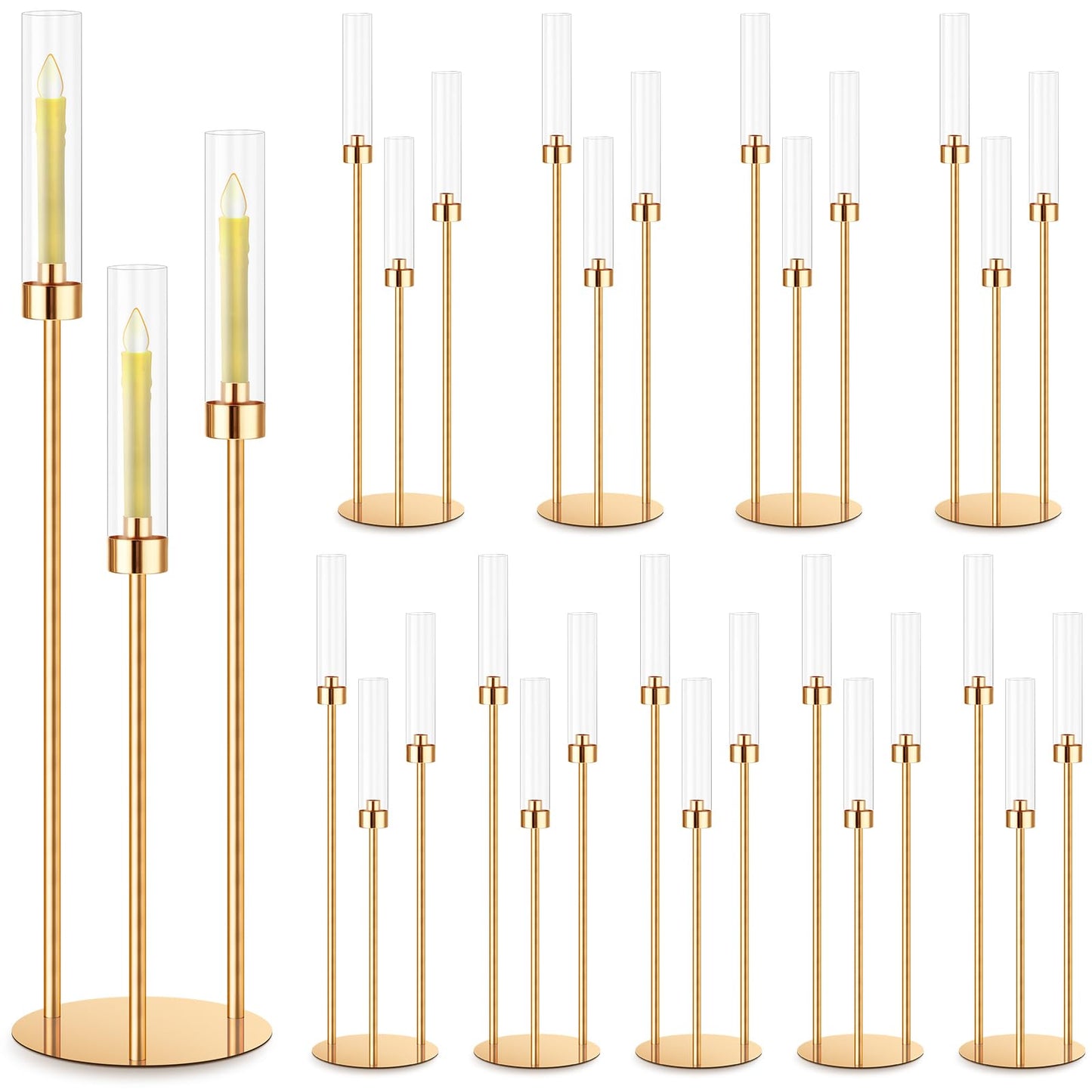 Suclain 10 Set 3 Arm Candelabra Centerpiece 33.8 Inch Candle Holder Gold Candelabra Metal Floor Pillar Candlesticks for Tables Wedding Home Party Decoration