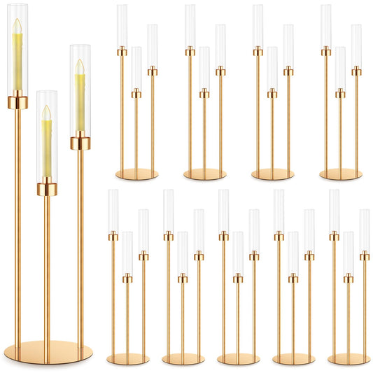 Suclain 10 Set 3 Arm Candelabra Centerpiece 33.8 Inch Candle Holder Gold Candelabra Metal Floor Pillar Candlesticks for Tables Wedding Home Party Decoration