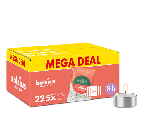 Bolsius - Bulk Pack Tea Lights - 225 Pieces - 8 Burning Hours - White - Contains Natural Plant Wax - Length Burning Time - Decorative Household Candles - Without Palm Oil