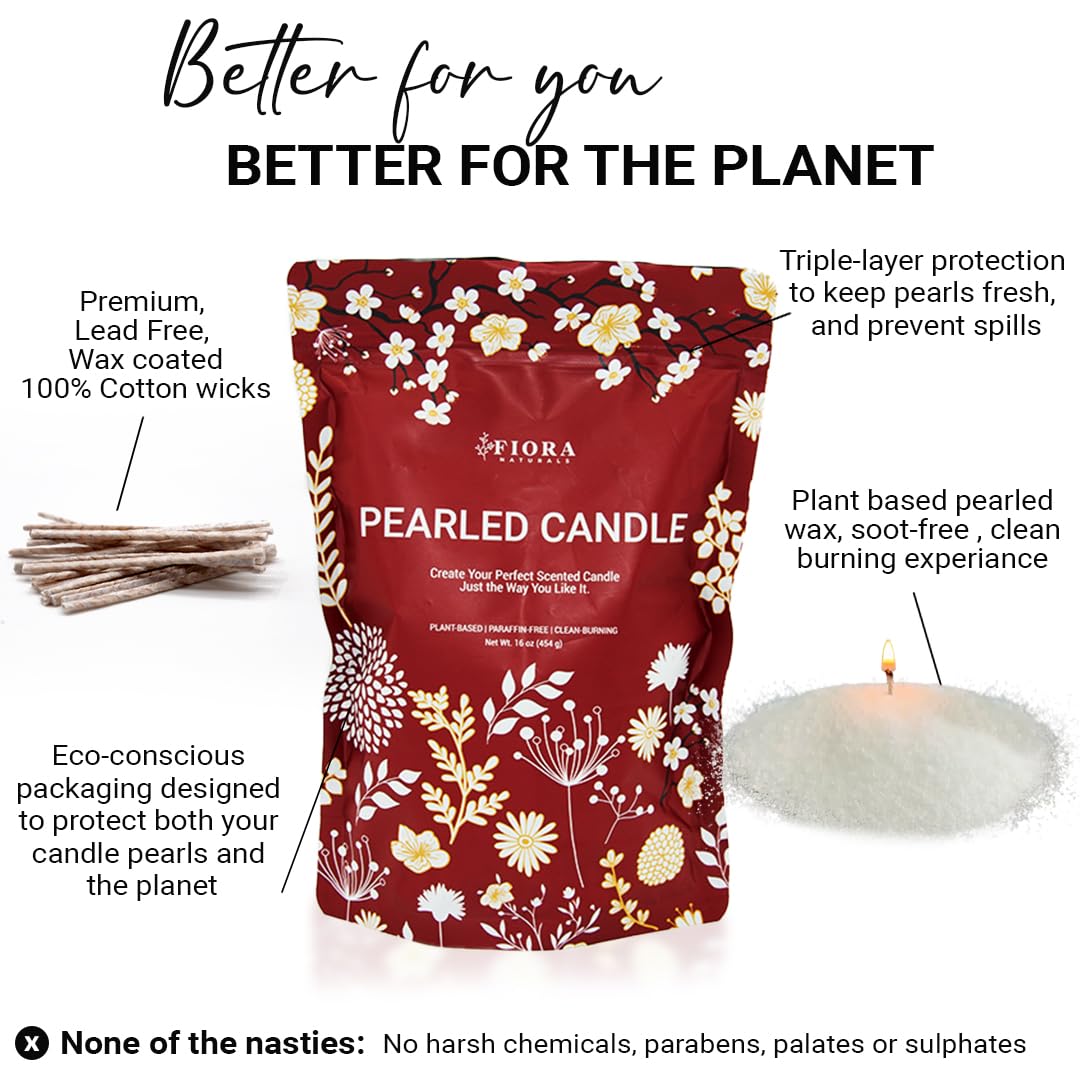 Fiora Naturals Pearled Candle Sand with Wicks – 1 Lb Sand Wax Beads & 20 Cotton Wicks – DIY Refillable Candle Making Kit, Long-Lasting, Smoke-Free, Clean Burning Snow Candles