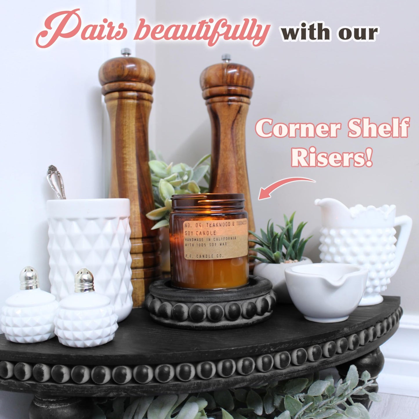 Felt Creative Home Goods Set of 2 Round Rustic Wood Beaded Risers - Sturdy 2-Sided Stackable Decor Pedestal Stands for Tiered Tray, Candle, Mug Display (Rustic Black, 5 inch)