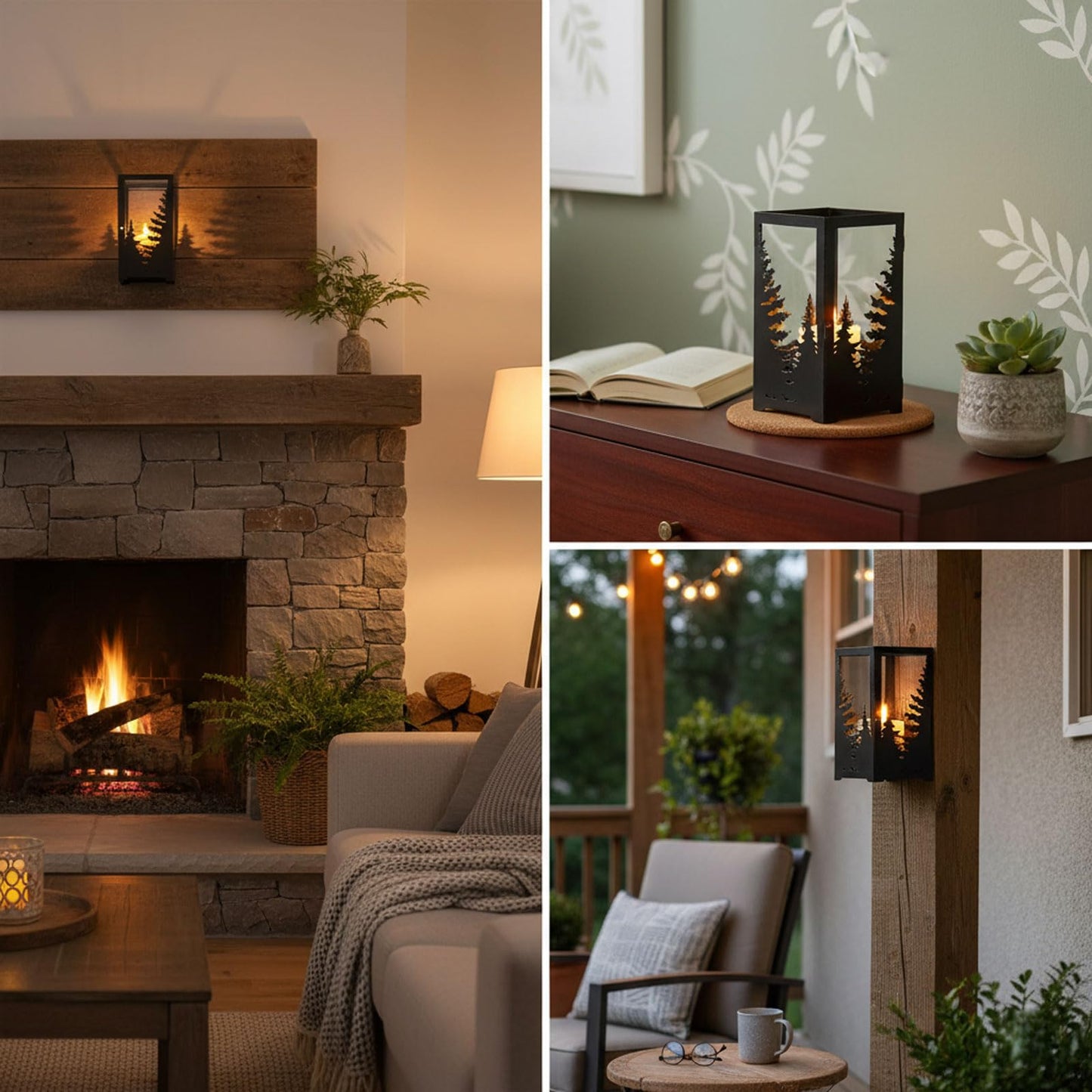 AIM & GGKK Wall Sconce Candle Holder - Set of 2 Black Forest Pine Tree Metal Rustic Candle Sconce for Wall Mount, Geometric Mountain Scene Wall Decor for Living Room, Bedroom