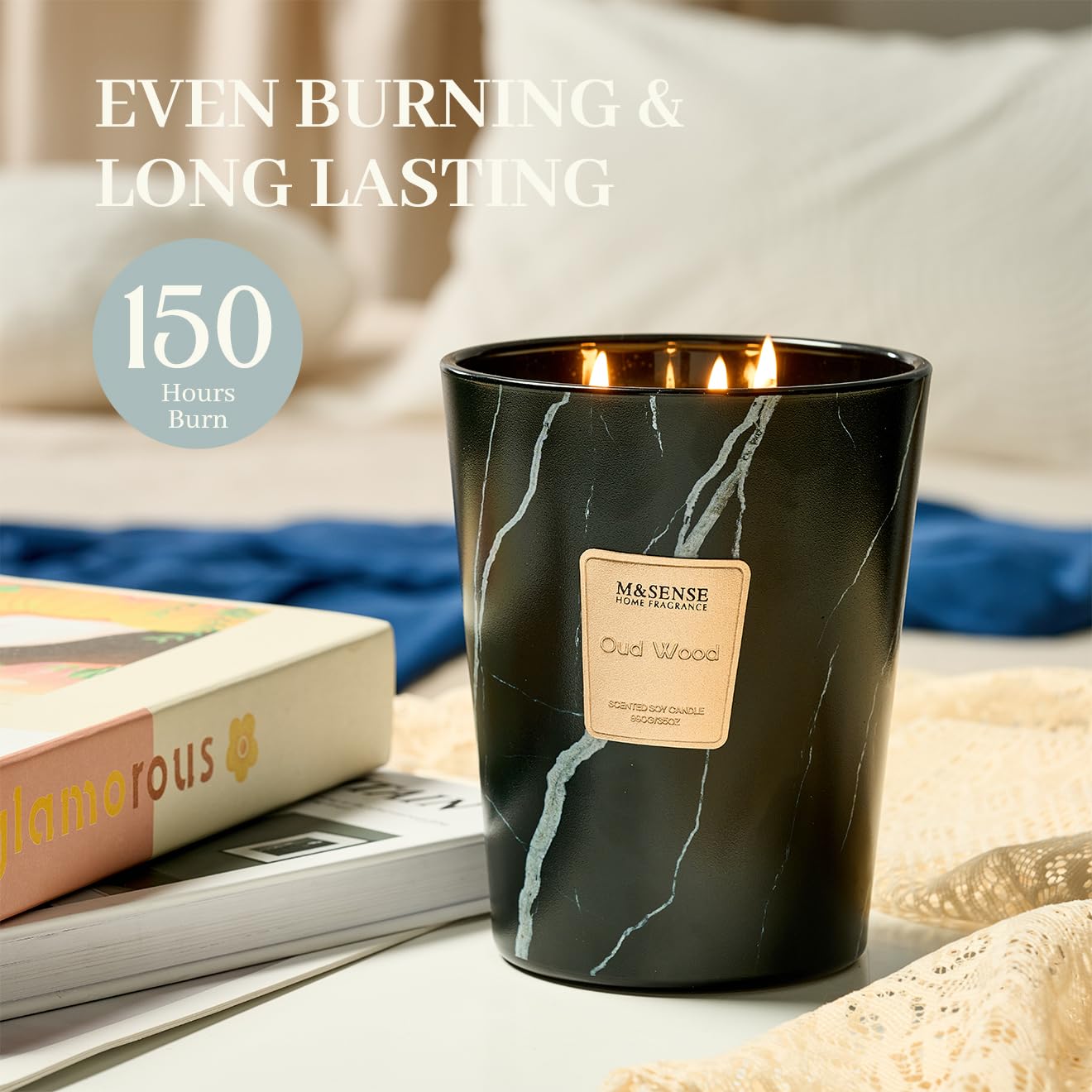 M&SENSE Extra Large Candle OudWood Intense Scented Candle,3 Wick Highly Scented XL Jar Candle,35oz 150H,Candles Gift for Women and Men