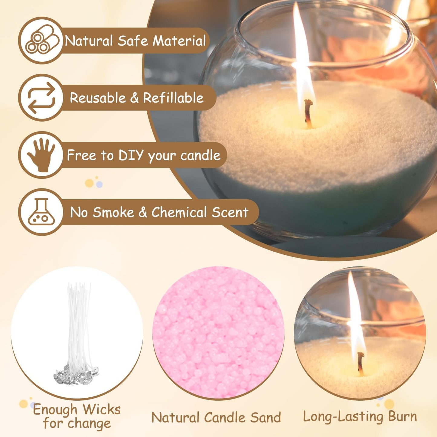 MECCANIXITY Pearled Sand Candles with 30 Pcs Wicks 14Oz / 400g Candle Beads Refillable Powder Sand Wax Making Kit for Thanksgiving Christmas Wedding Party DIY Home Crafts, Pink