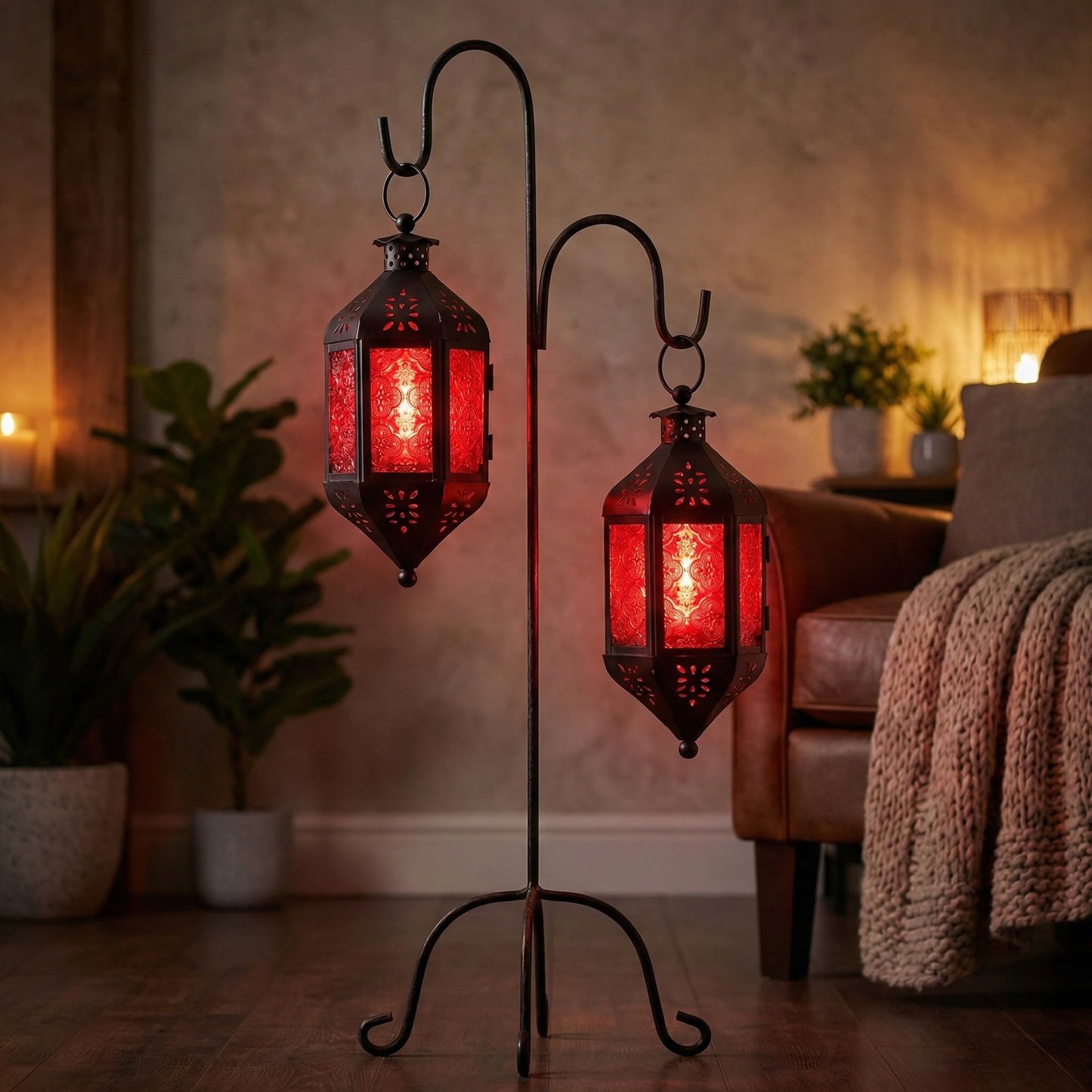 Vela Lanterns Hanging Moroccan Lamp - Exotic Decorative Patio & Porch Decor, Indoor Outdoor Tea Light Candle Lantern Holder with Chain (11" Medium, Red Glass, 2-Pack)