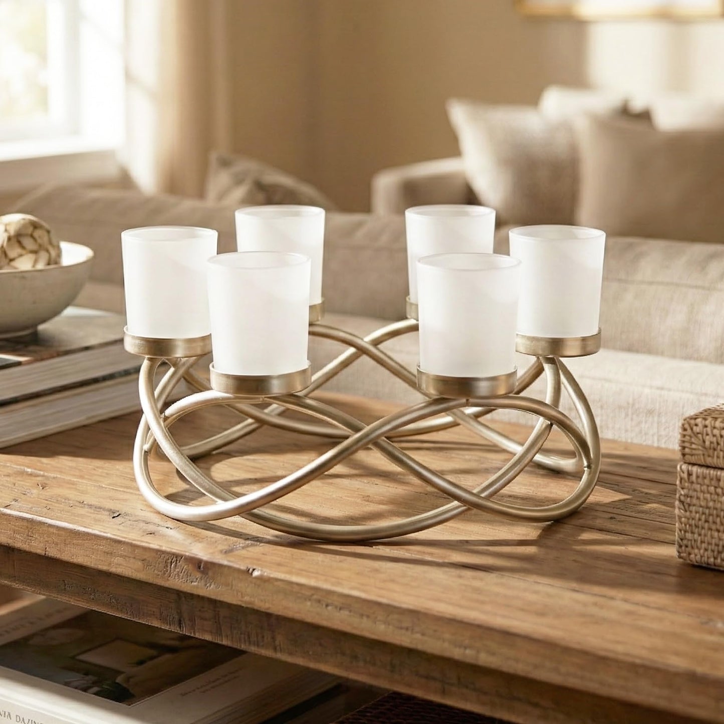 Seraphic Centerpieces for Table Decorations - Round Candle Holders for Outdoor Patio, Dining, Kitchen, Coffee & Wedding Table Decor, Gold Iron Candelabra, 6 Frosted Glass Votive Tealight Cups