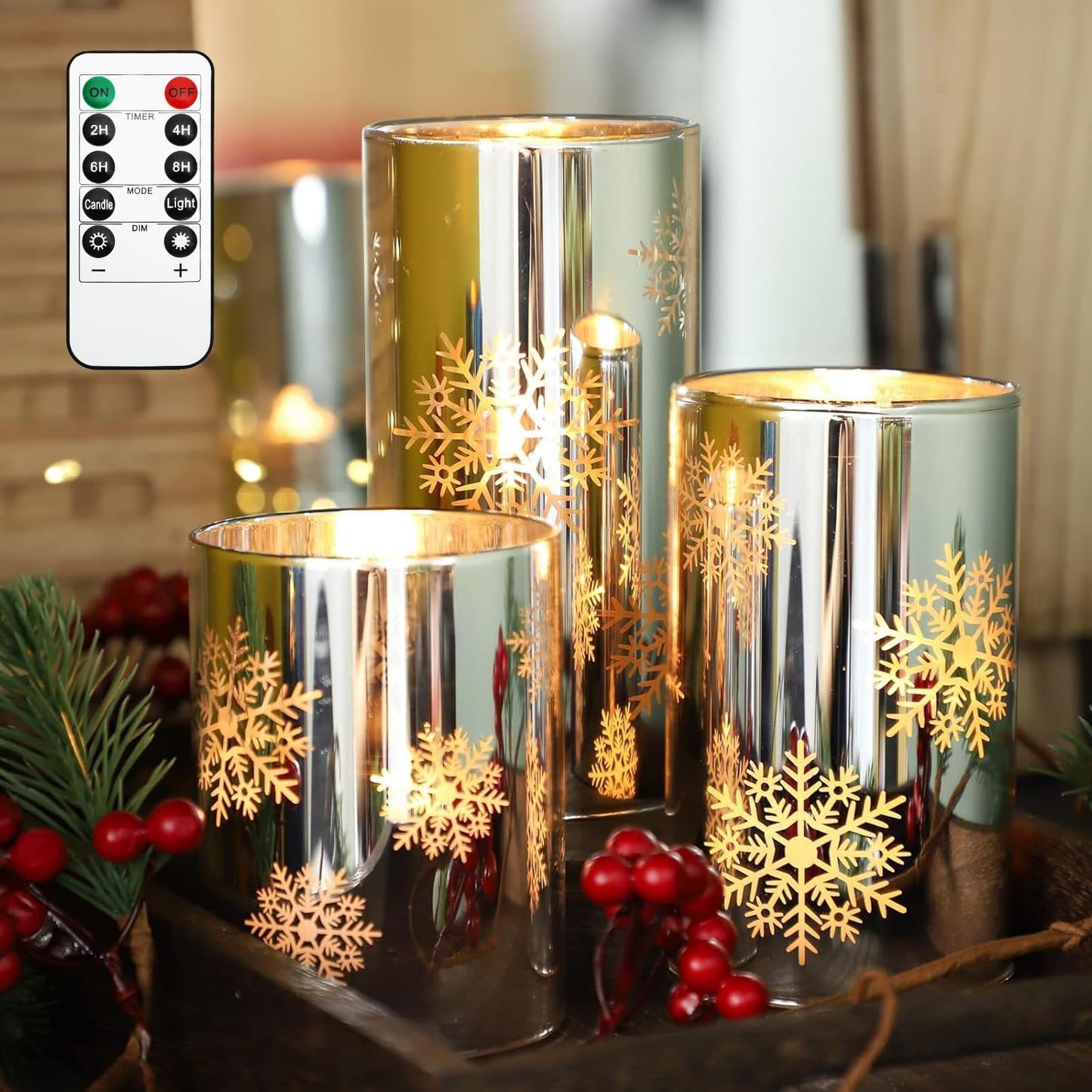 FLAVCHARM Snowflake LED Flameless Candles with Remote and Timer, Electroplate Glass Candles Operated by Battery, Christmas LED Flickering Candles Decoration for Bedroom, Party, Wedding