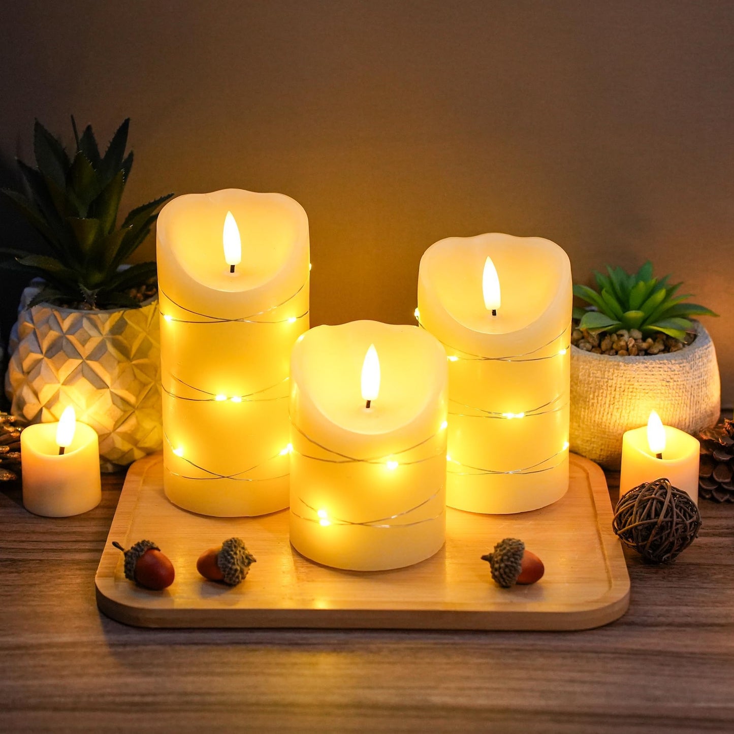 JHY DESIGN Flickering Flameless Candles Real Wax Electric with Embedded String Lights, Battery Operated Pillar LED Candles for Gift, Christmas & Home Decorations, with Remote & Timer, Set of 3(Ivory)