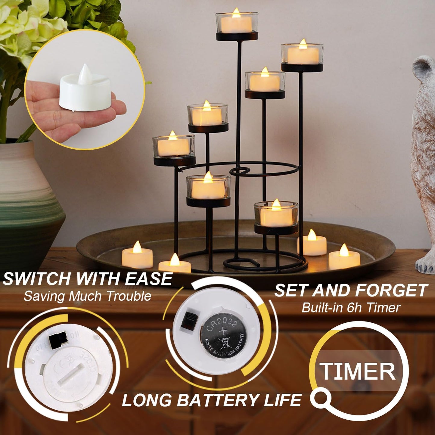 BEICHI 12-Pack Timer Tea Lights Candles Battery Operated, LED Tea Lights with Timer, Built-in 6 Hours Timer Flameless Tea Candle, Tealights Flickering Votive Candles 1.5'' D x 1.3'' H (Warm White)