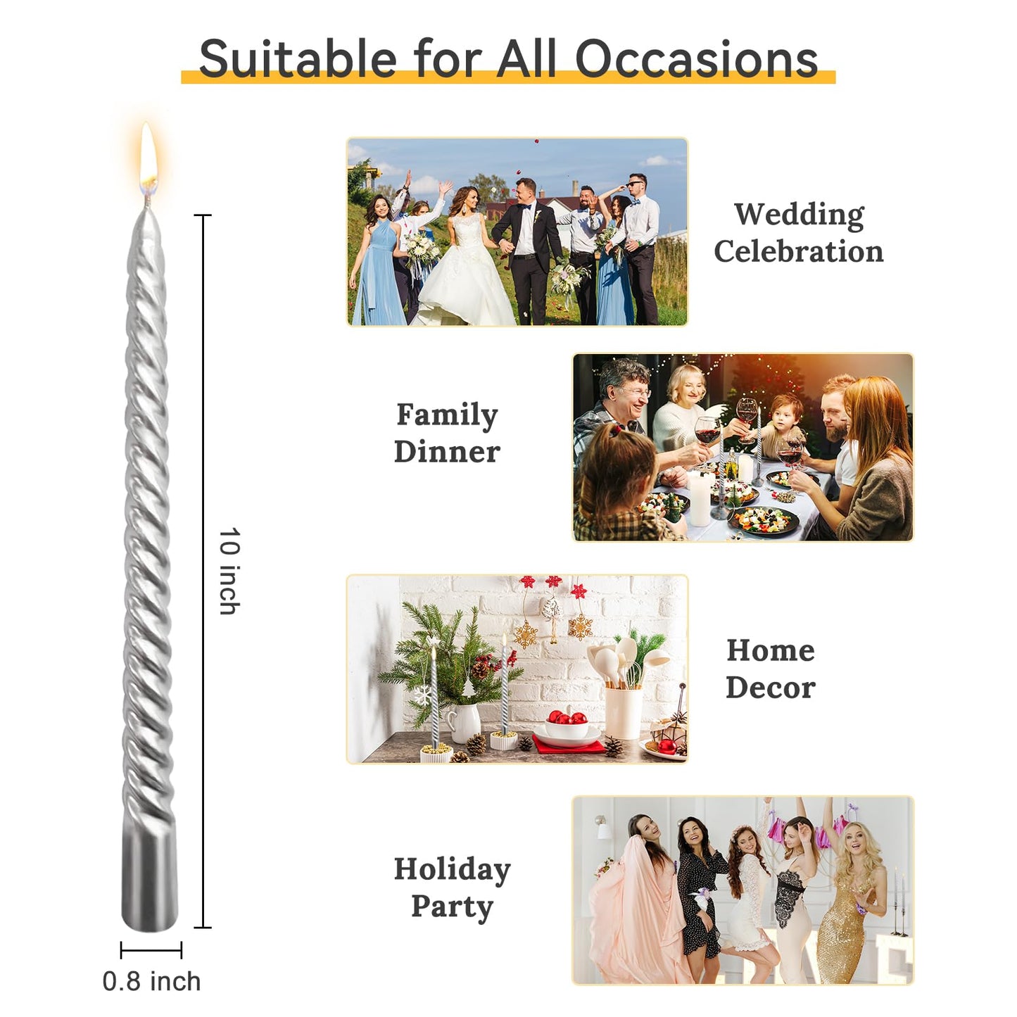 10 Inch Silver Spiral Taper Candles Set for Holiday Decor, 12 Pack Unscented Twisted Candlesticks, Dripelss Thin Tapered Candles for Wedding Dinner Parties Galas Award Ceremonies Religious
