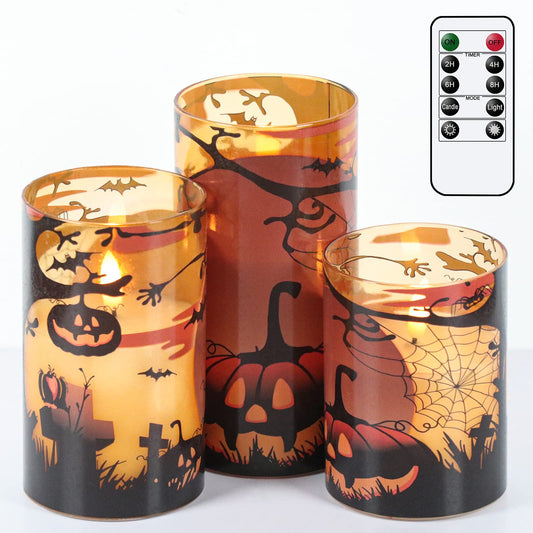 GenSwin Halloween Candles with Pumpkins, 3 Pack Flameless Candles with Remote Timer, Orange Pumpkin Glass Candles Battery Operated with Spiderweb, Halloween Spooky Indoor Decorations (D3” x H4”5”6”)