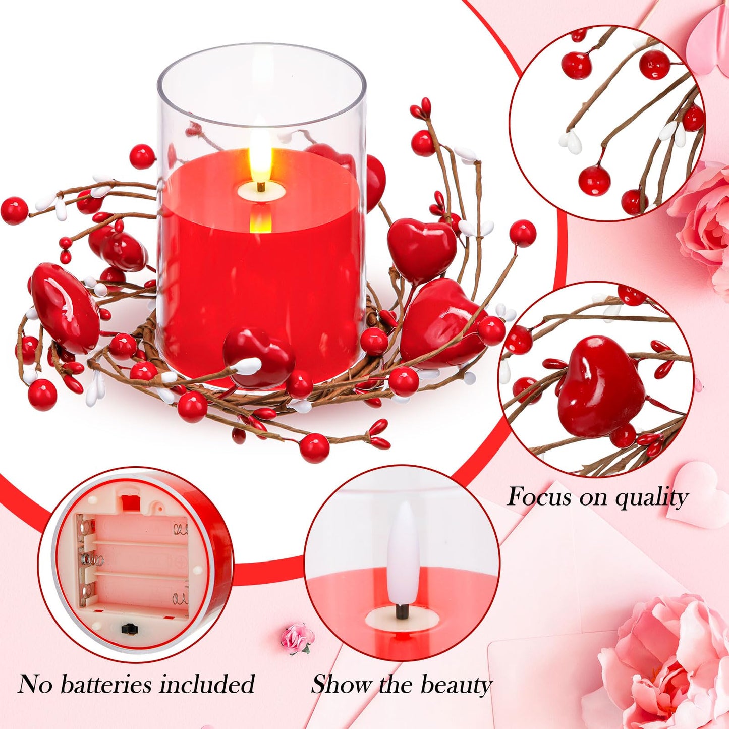 Yunlly 4 Pcs Valentine Candle Wreaths Rings Red Heart and Berry Candle Holder Rings with LED Flameless Red Candles, 9.5" Wide for Valentine's Day Wedding Windows Table Centerpieces