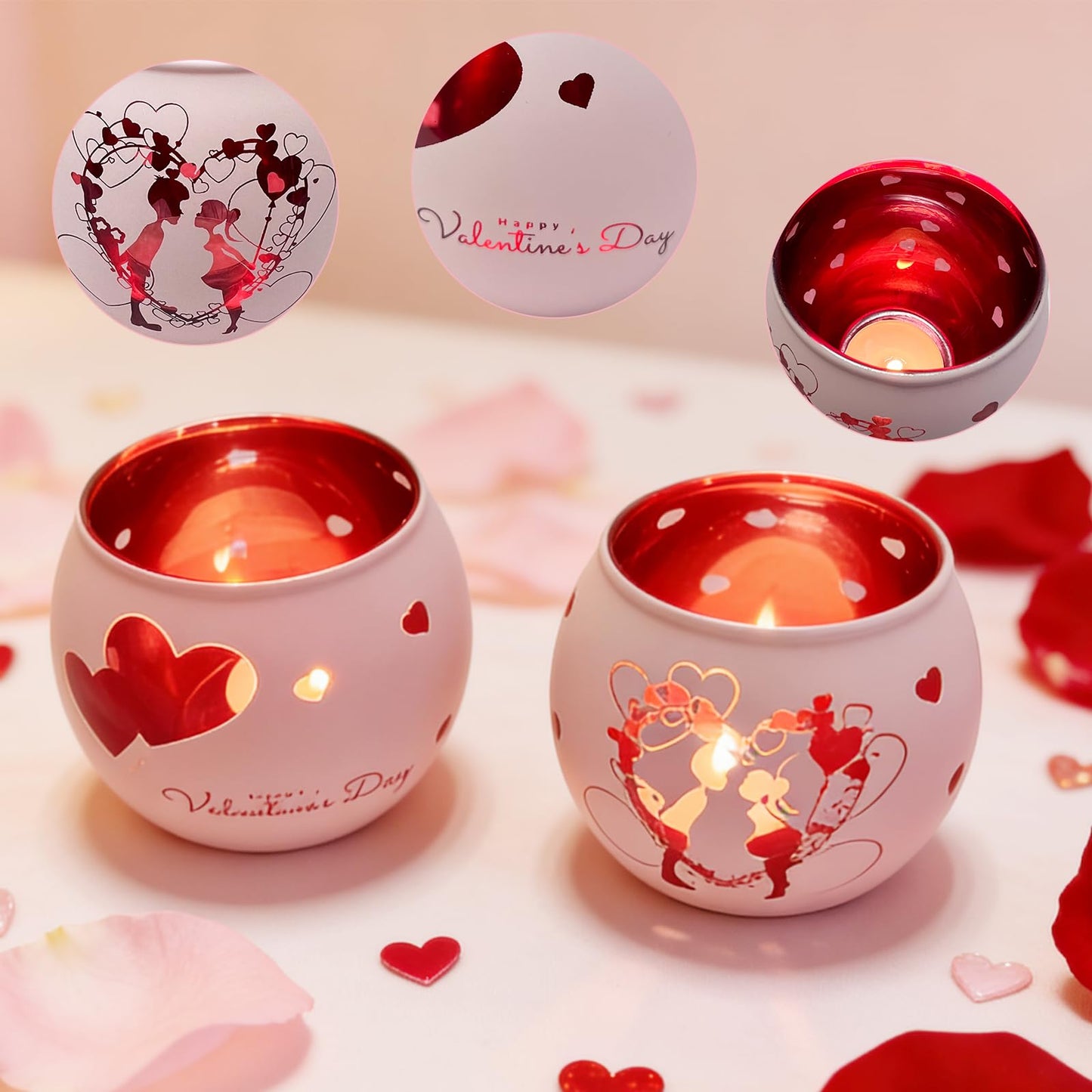 Heart Glass Tea Light Candle Holders, Votive Tealight Holder Table, Love Centerpiece Decorations for Valentines Wedding Party Decor (Pink-2)