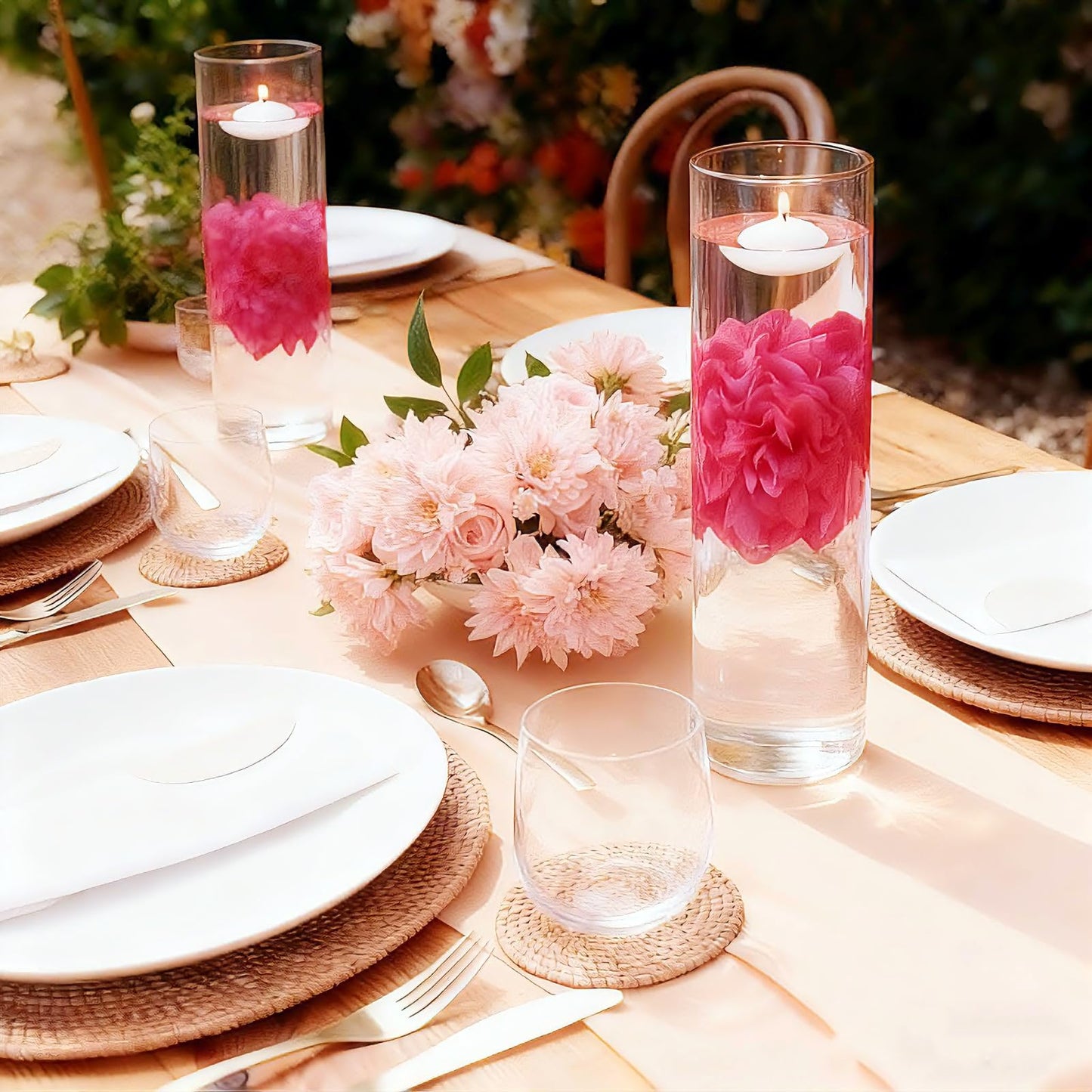 UDU 24 Pcs Floating Candles for Centerpieces and Floating Flowers for Centerpieces Artificial Flower Head for Home Birthday Wedding Party Table Decor Rosered