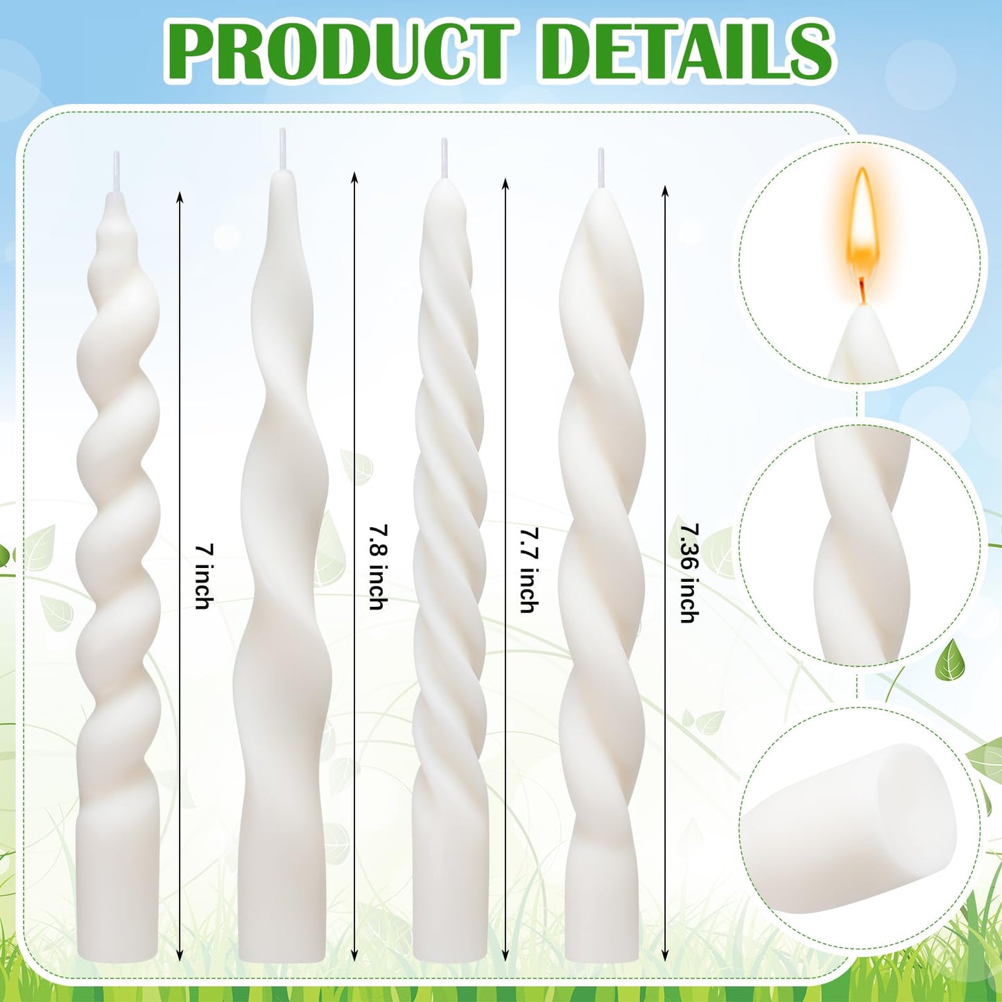 Nuanchu 12 Pcs 7.5 Inch Elegant White Spiral Taper Candles Twisted Pure Wax Candlesticks Short Ivory Spiral Wax Scented Taper Candles for Wedding Bridal Shower Birthday Summer Dinner Table Centerpiece